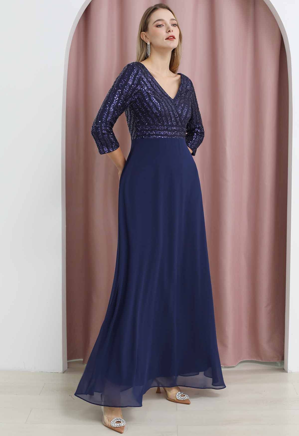 Navy High Neck Chiffon Maxi Dress