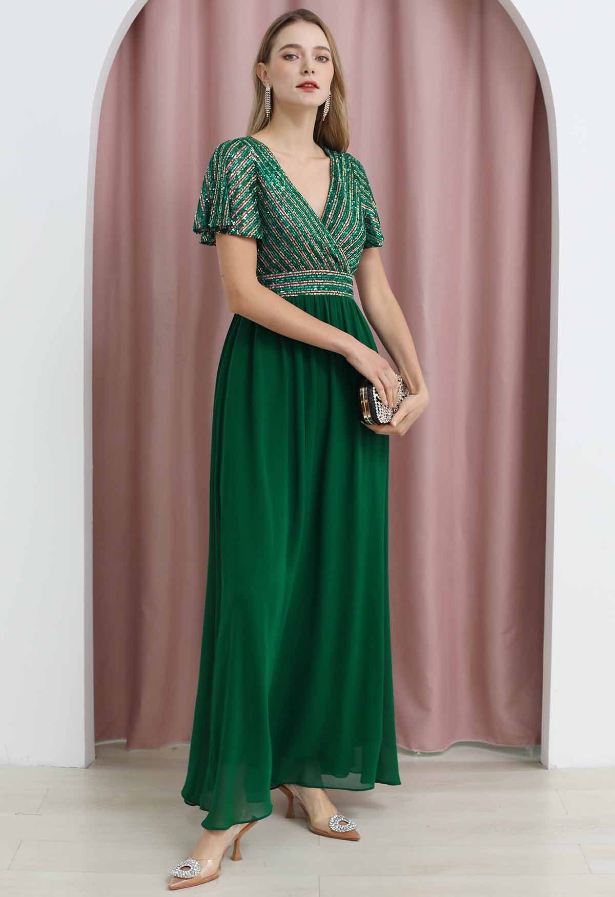 Faux-Wrap Shimmer Sequin Chiffon Maxi Gown in Emerald - Retro