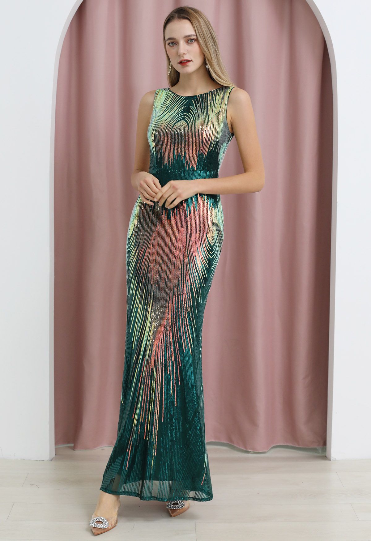 Iridescent Sequined Sleeveless Bodycon Gown in Dark Green