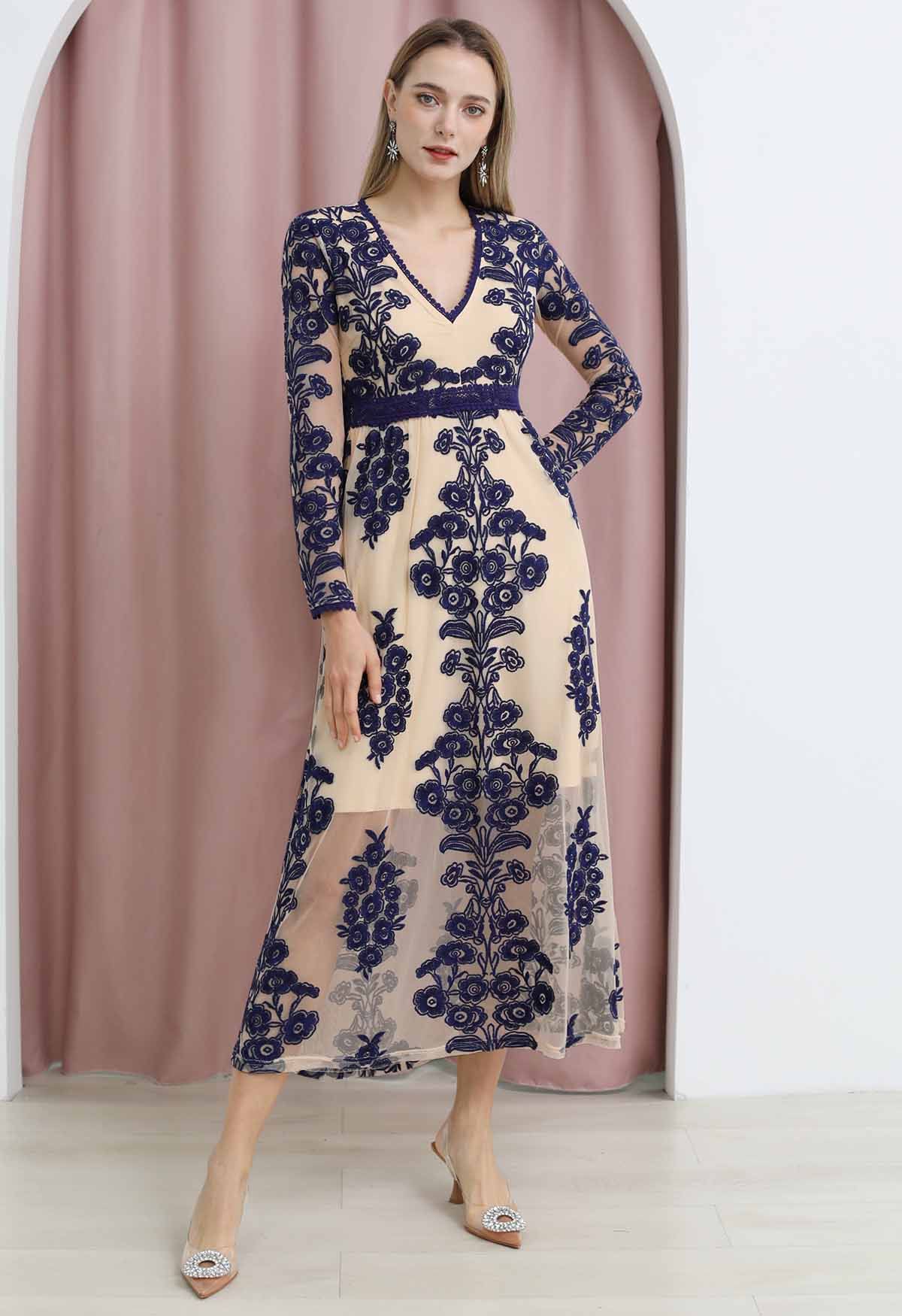 V-Neck Floral Embroidered Mesh Maxi Dress in Navy - Retro, Indie