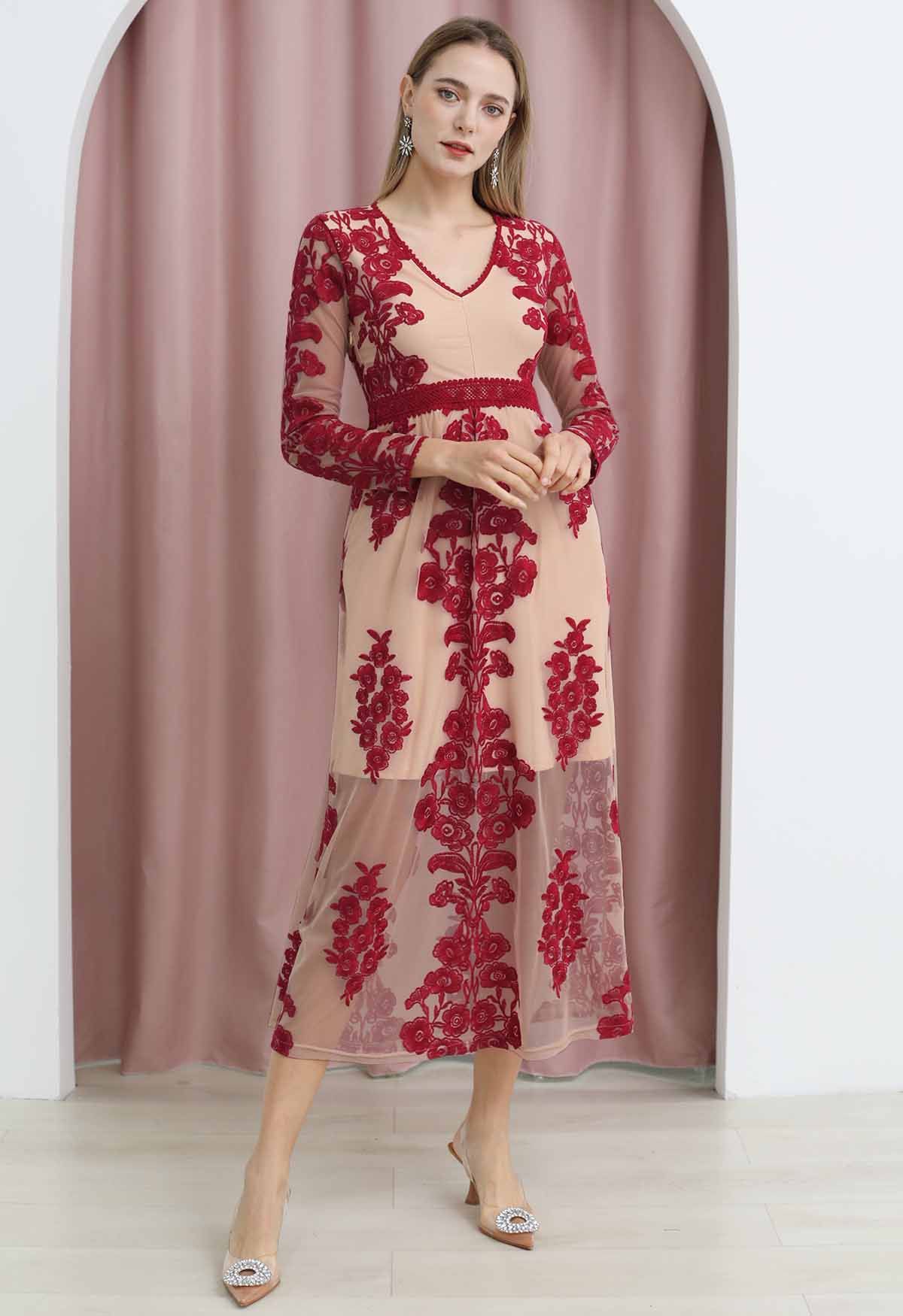 Embroidered V-Neck Polyester Womens Regular Dress