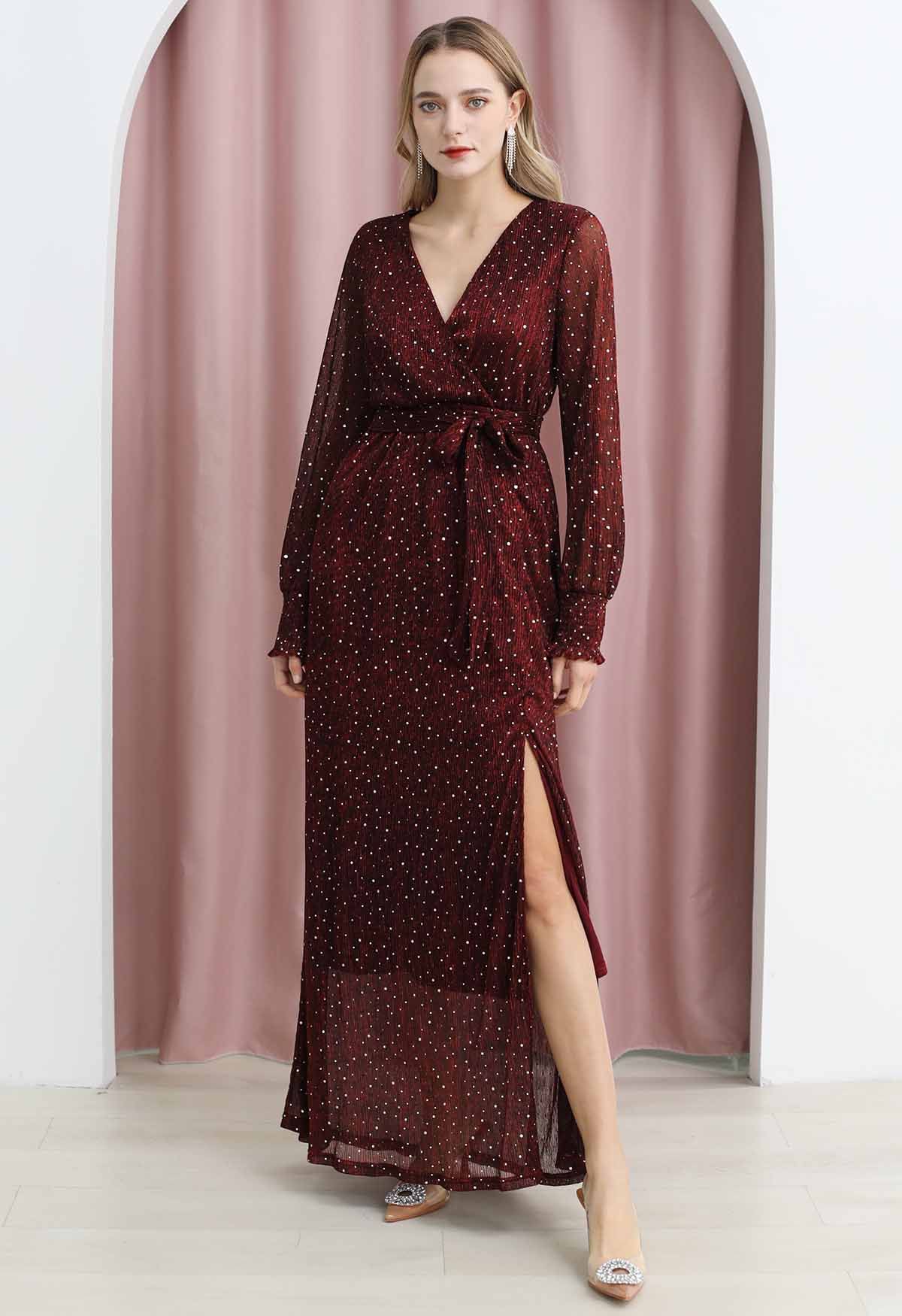 Radiant Sequin Faux-Wrap Split Maxi Gown in Burgundy