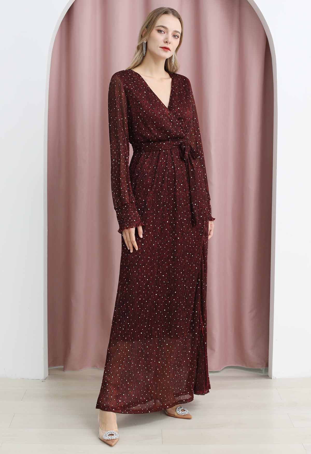 Radiant Sequin Faux-Wrap Split Maxi Gown in Burgundy