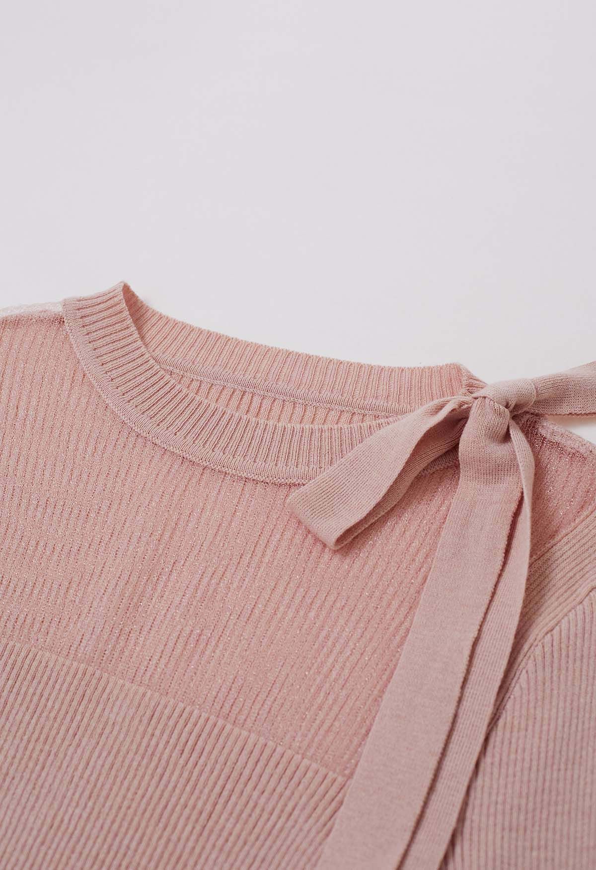 Mesh Inserted Side Bowknot Fitted Knit Top in Pink