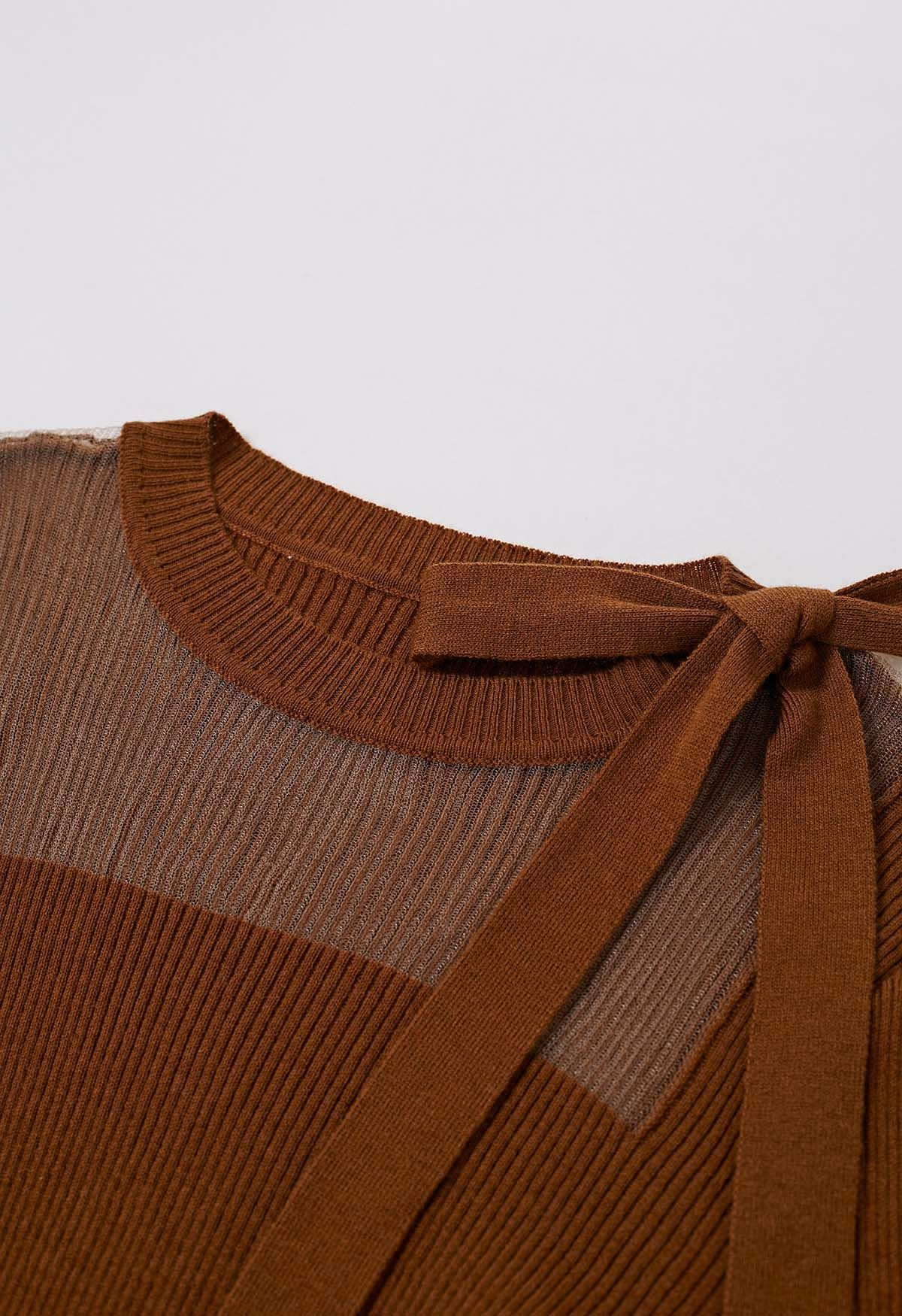 Mesh Inserted Side Bowknot Fitted Knit Top in Caramel