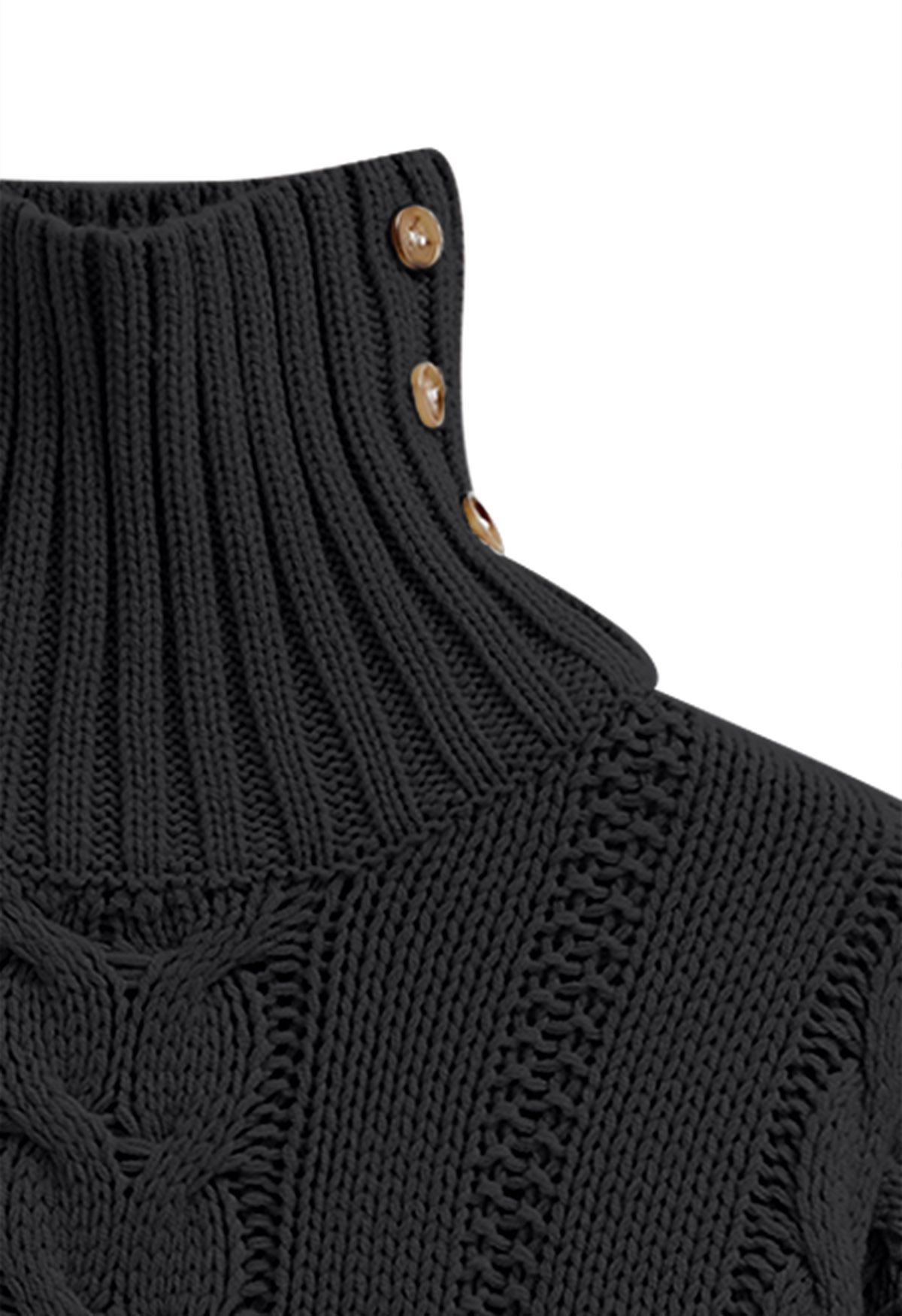 Side Button Cowl Neck Cable Knit Sweater in Black