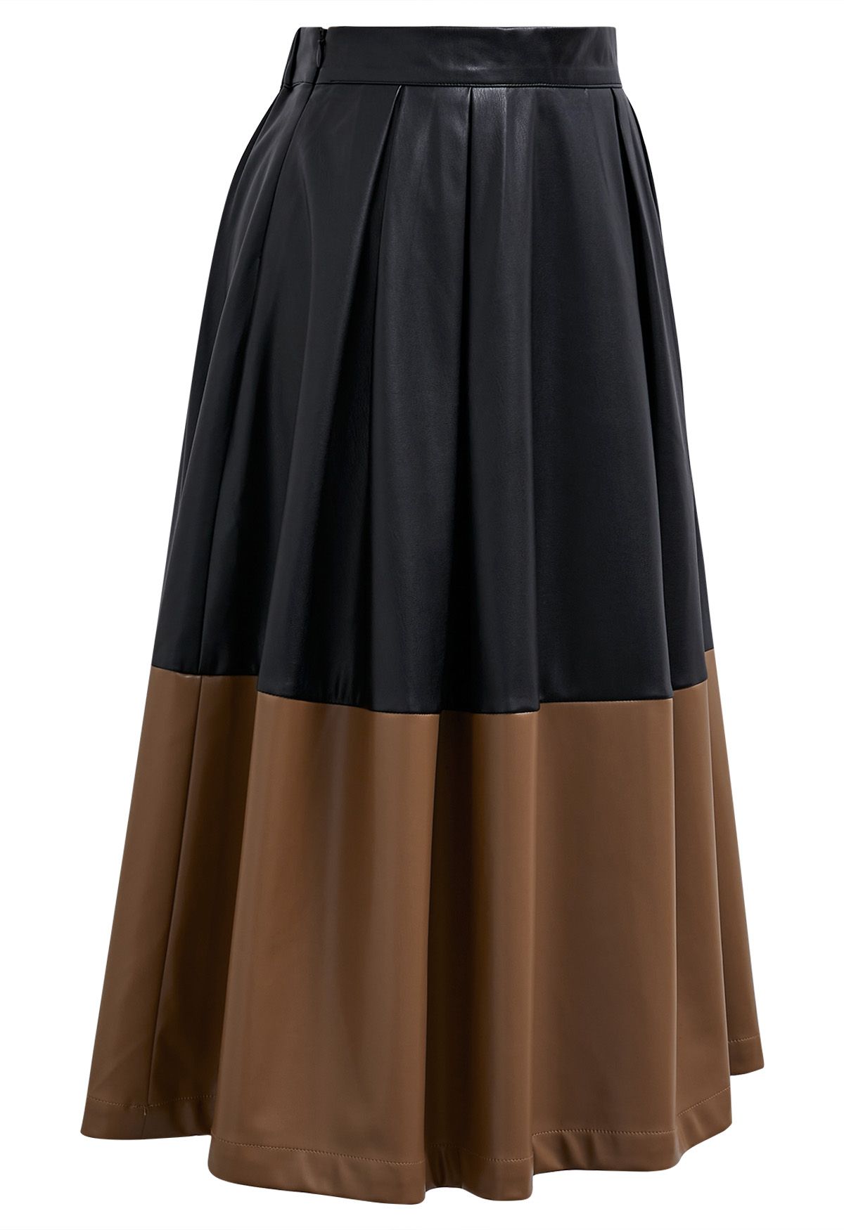 Color Block Faux Leather Pleated Midi Skirt