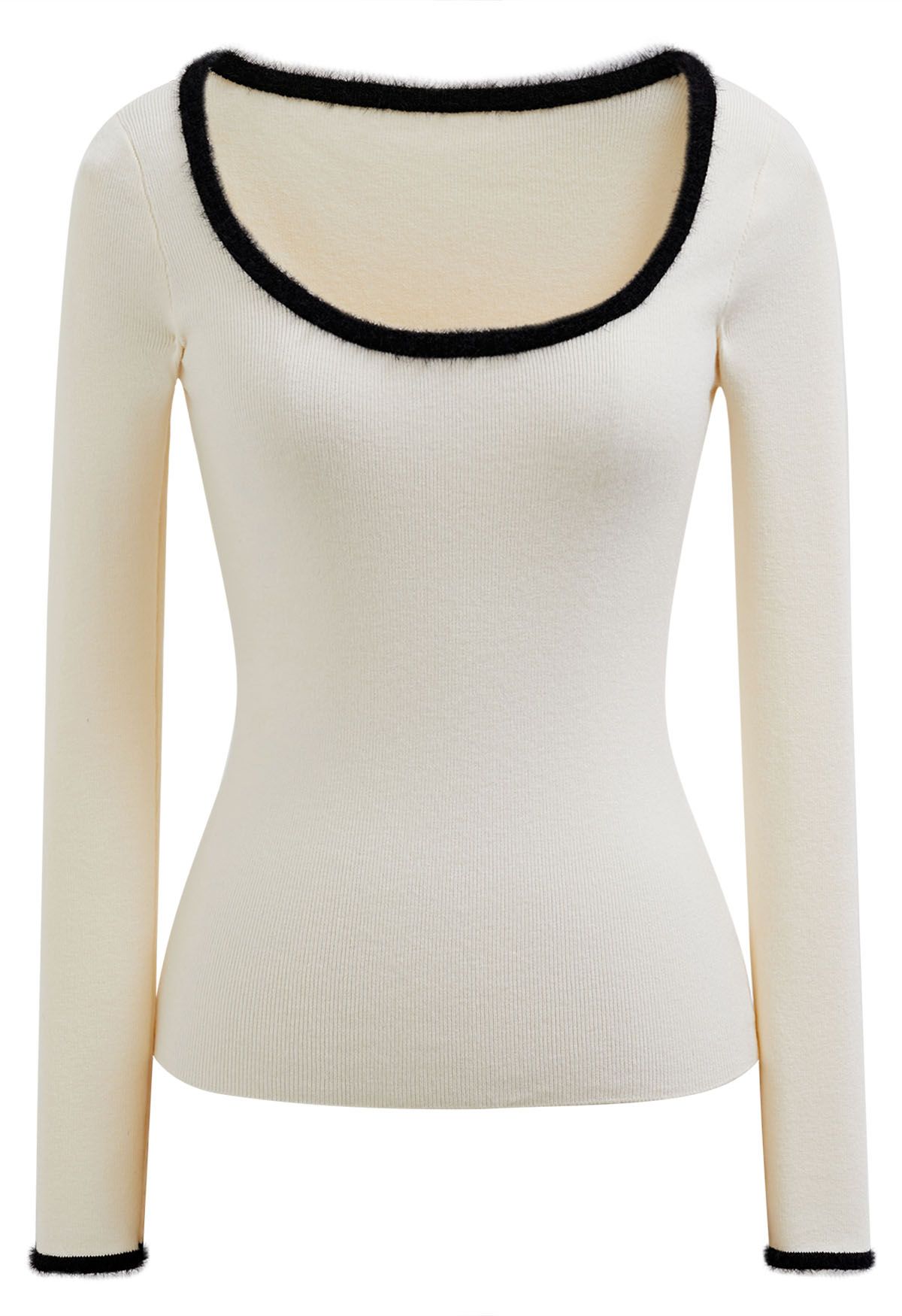 Fuzzy Contrast Edge Scoop Neck Fitted Top in Cream - Retro, Indie and ...