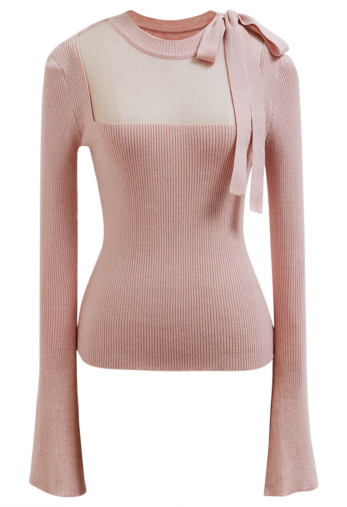 Mesh Inserted Side Bowknot Fitted Knit Top in Pink