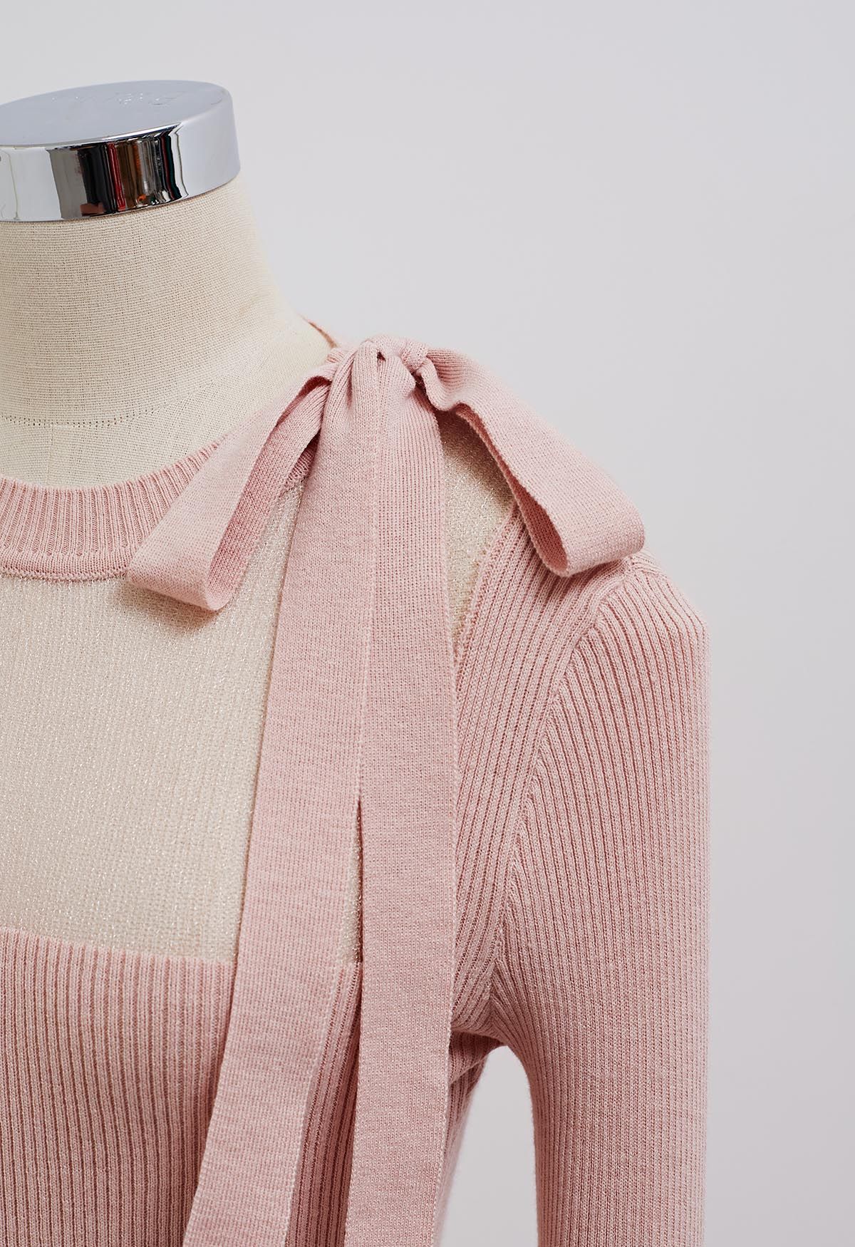 Mesh Inserted Side Bowknot Fitted Knit Top in Pink