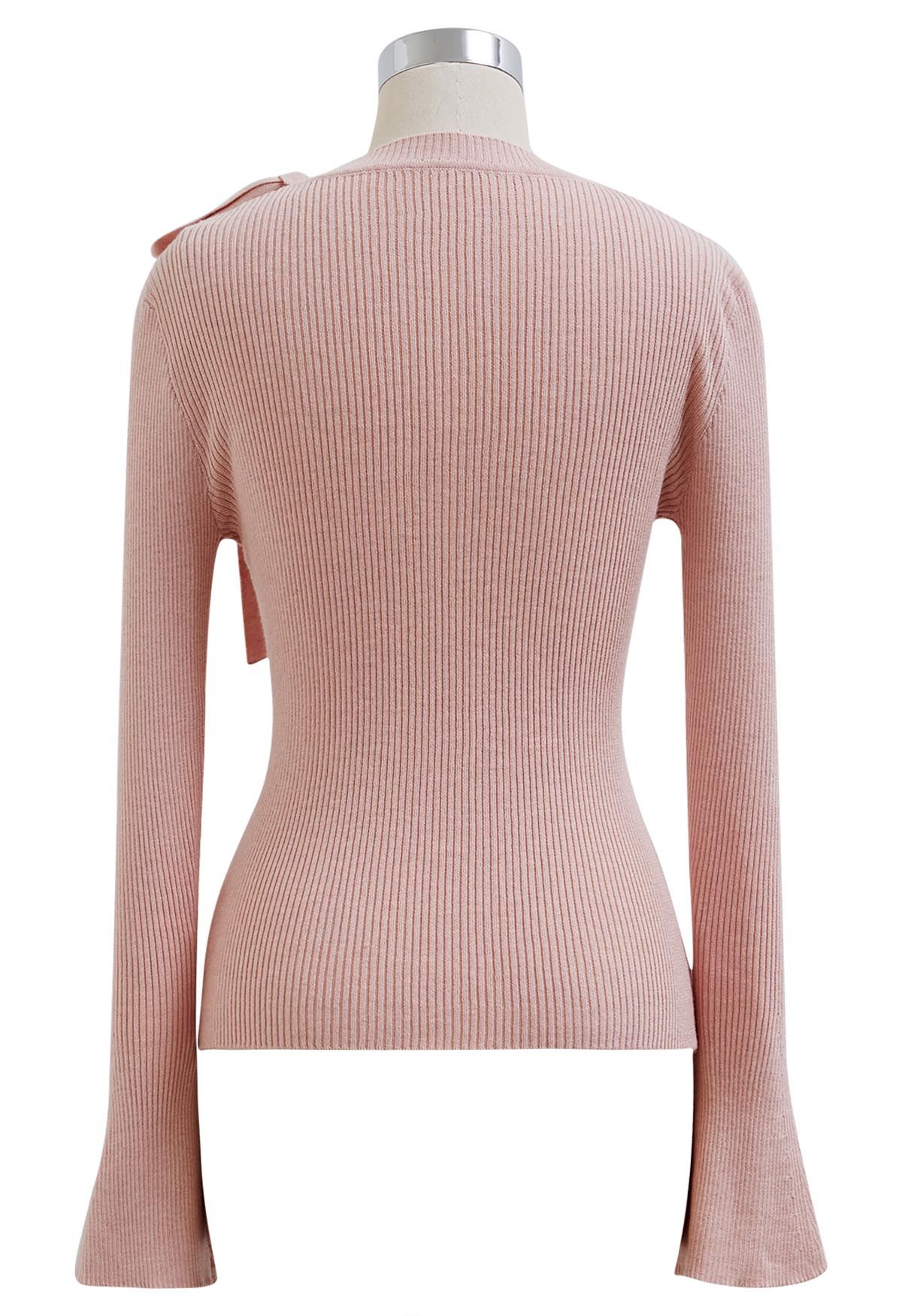 Mesh Inserted Side Bowknot Fitted Knit Top in Pink