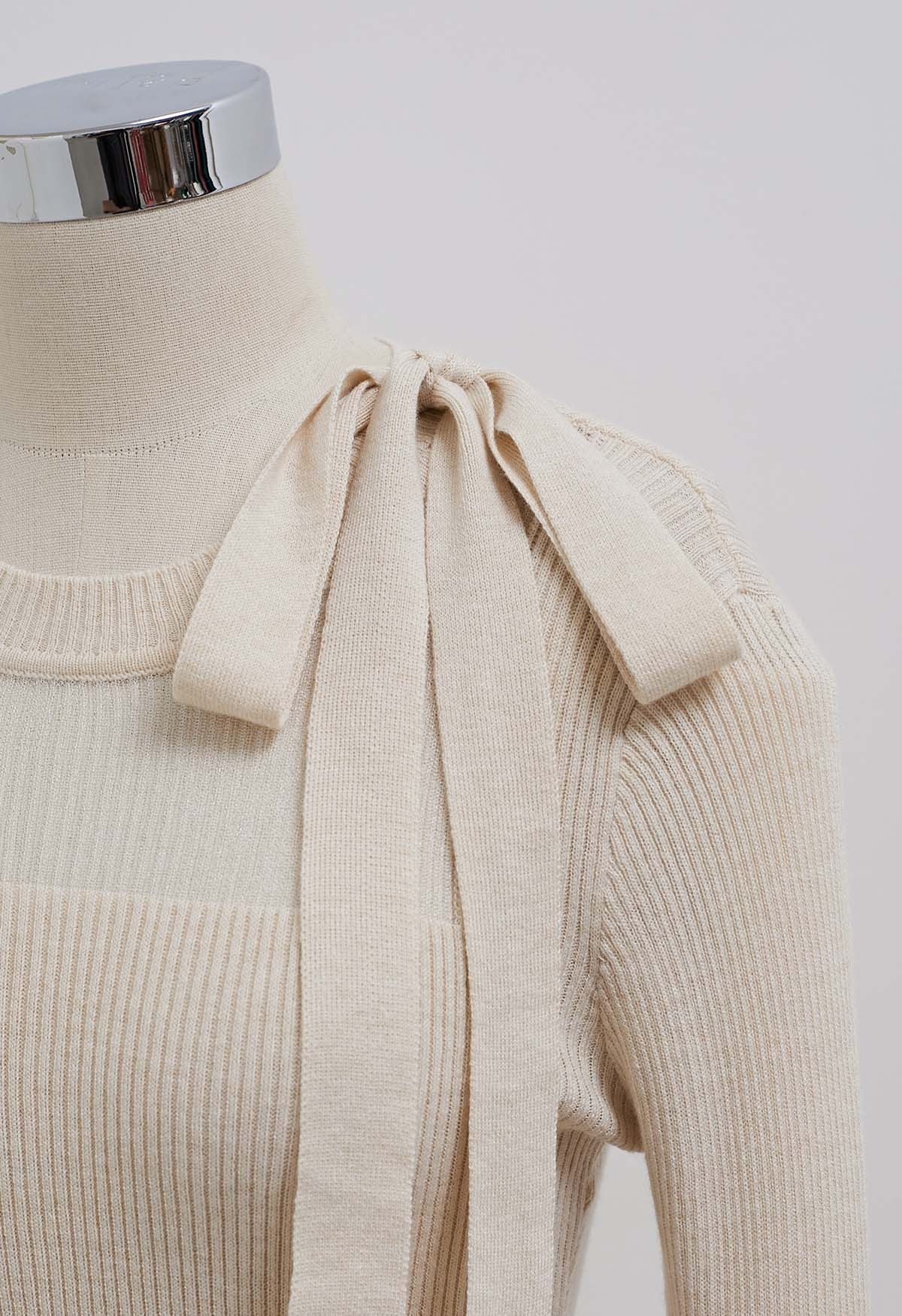Mesh Inserted Side Bowknot Fitted Knit Top in Oatmeal - Retro, Indie ...