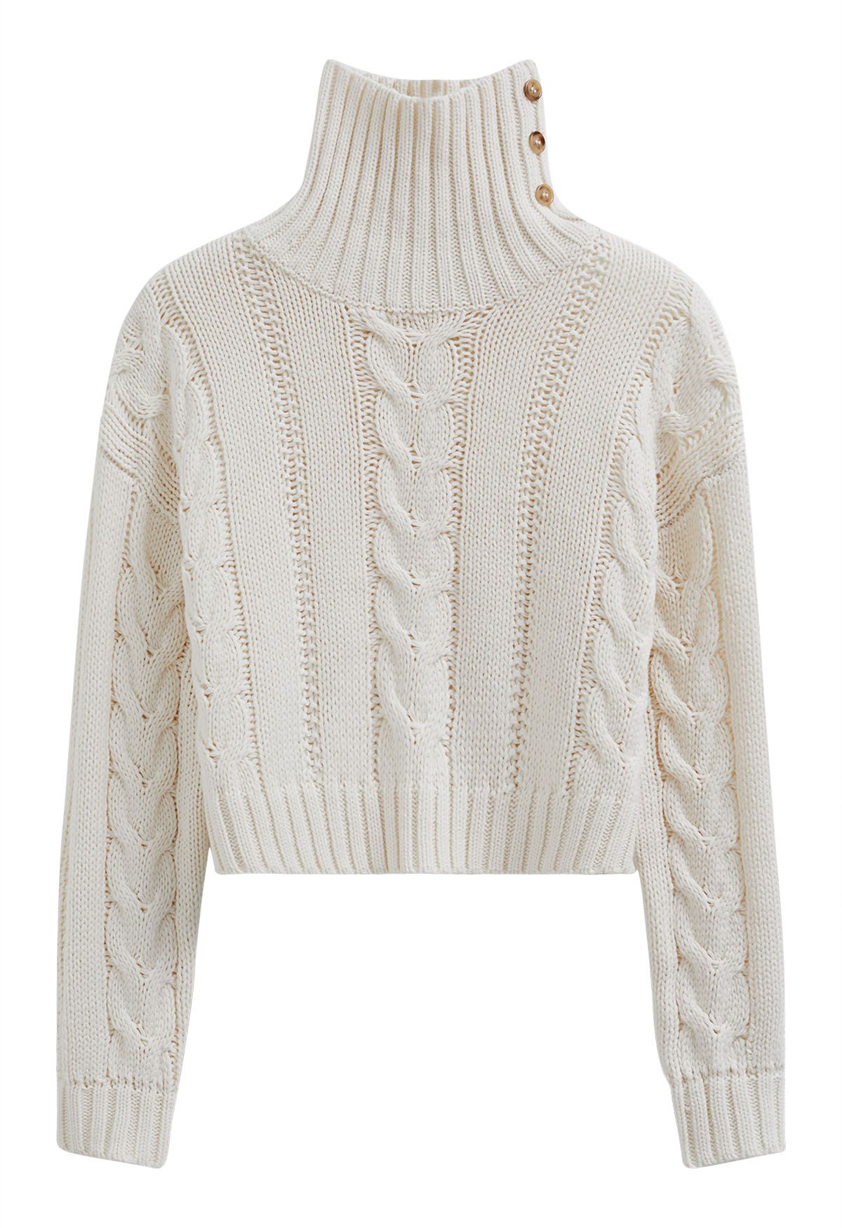 Side Button Cowl Neck Cable Knit Sweater in White