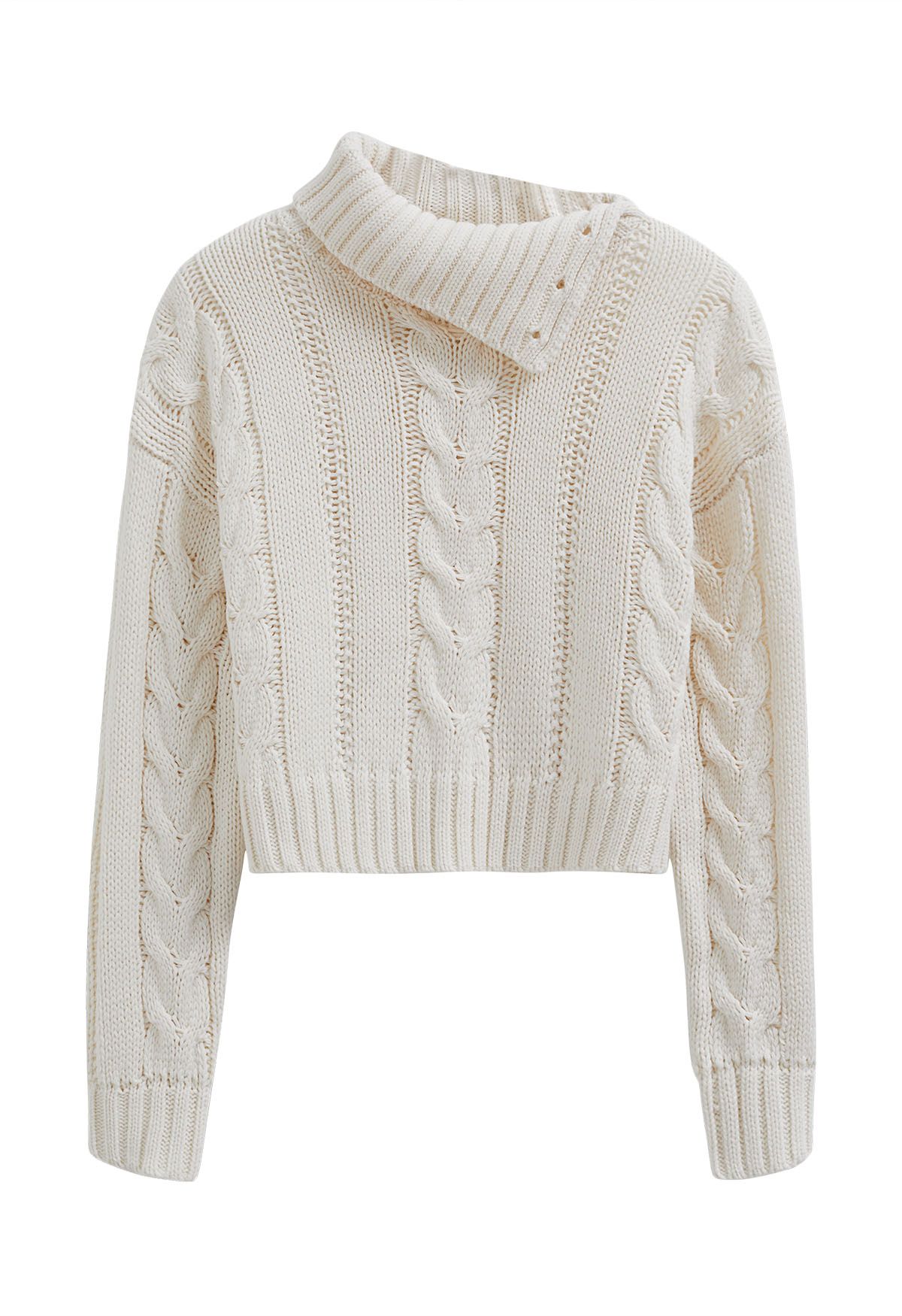 Side Button Cowl Neck Cable Knit Sweater in White