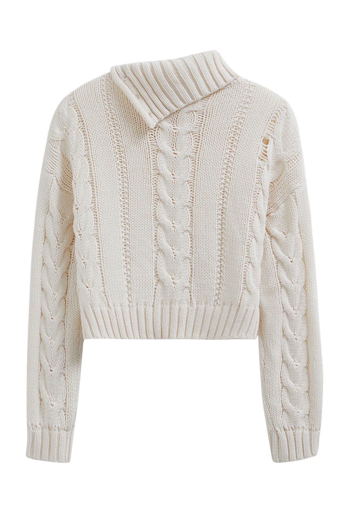 Side Button Cowl Neck Cable Knit Sweater in White