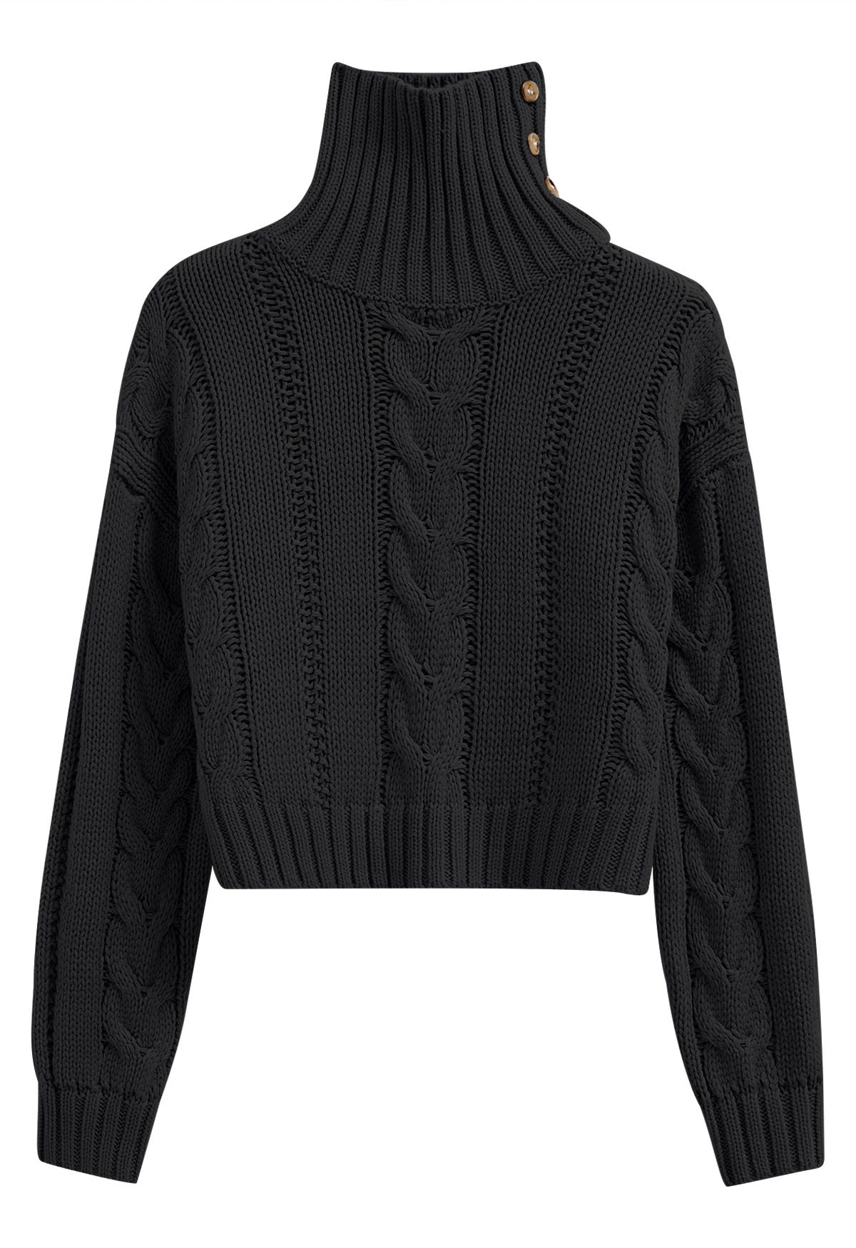 Side Button Cowl Neck Cable Knit Sweater in Black