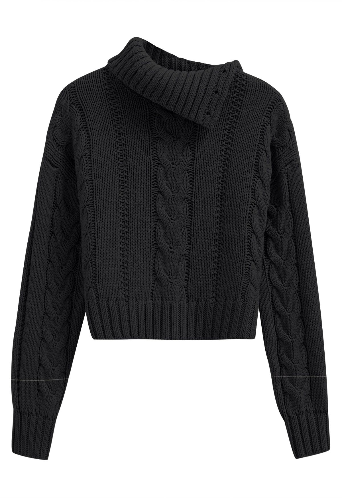 Side Button Cowl Neck Cable Knit Sweater in Black