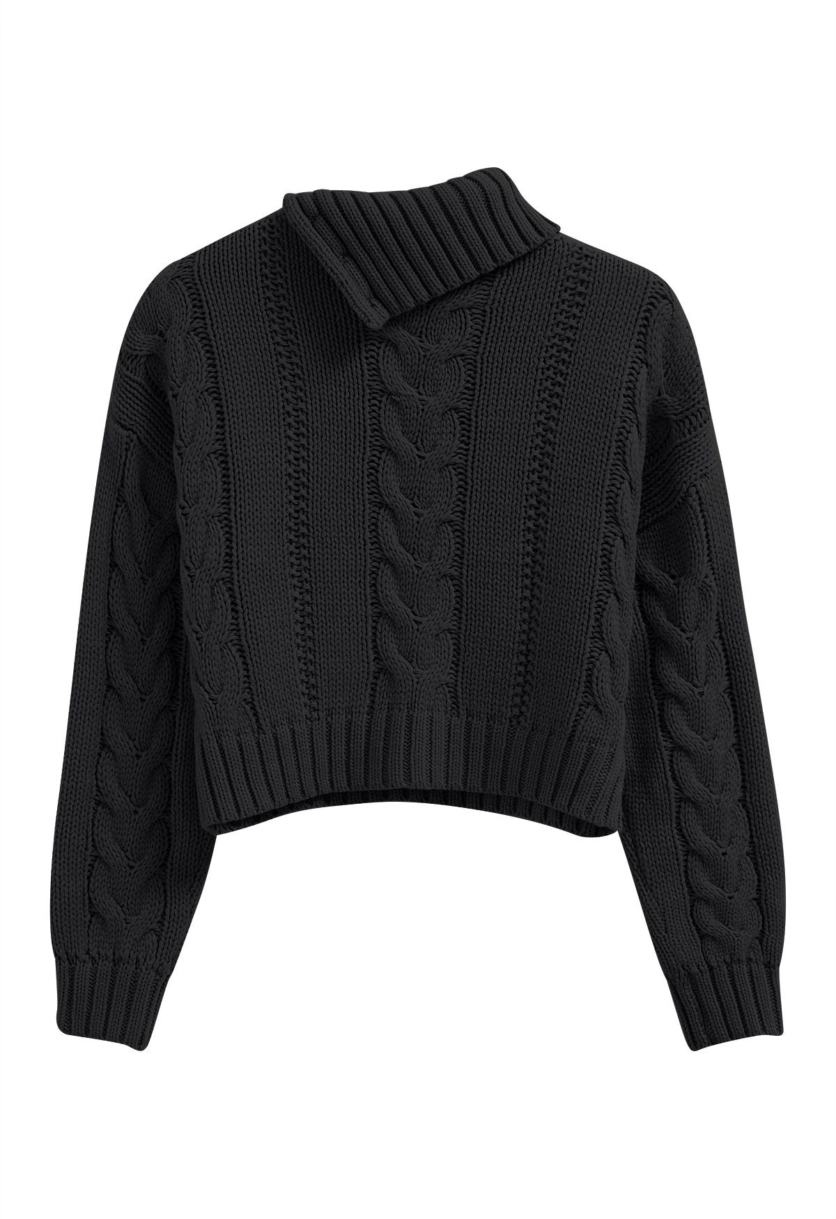 Side Button Cowl Neck Cable Knit Sweater in Black