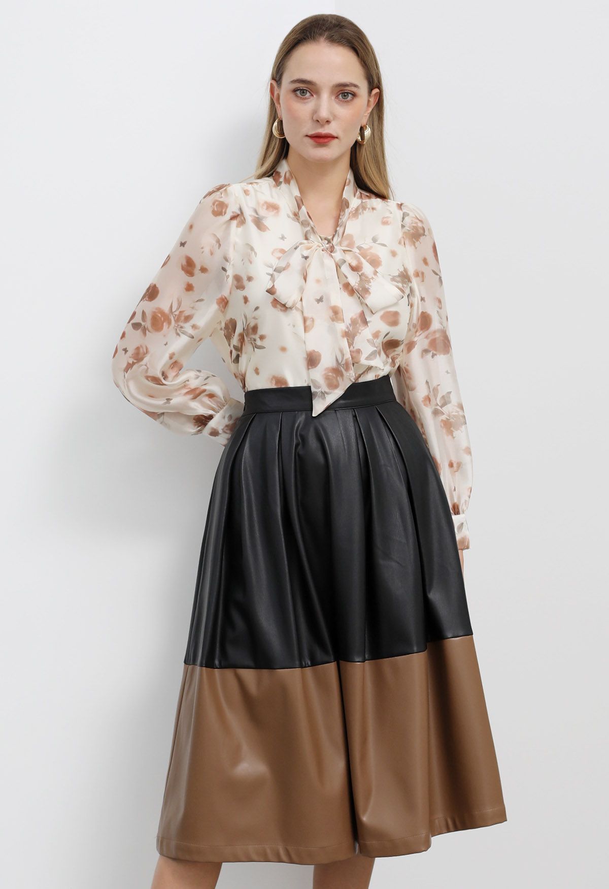 Color Block Faux Leather Pleated Midi Skirt