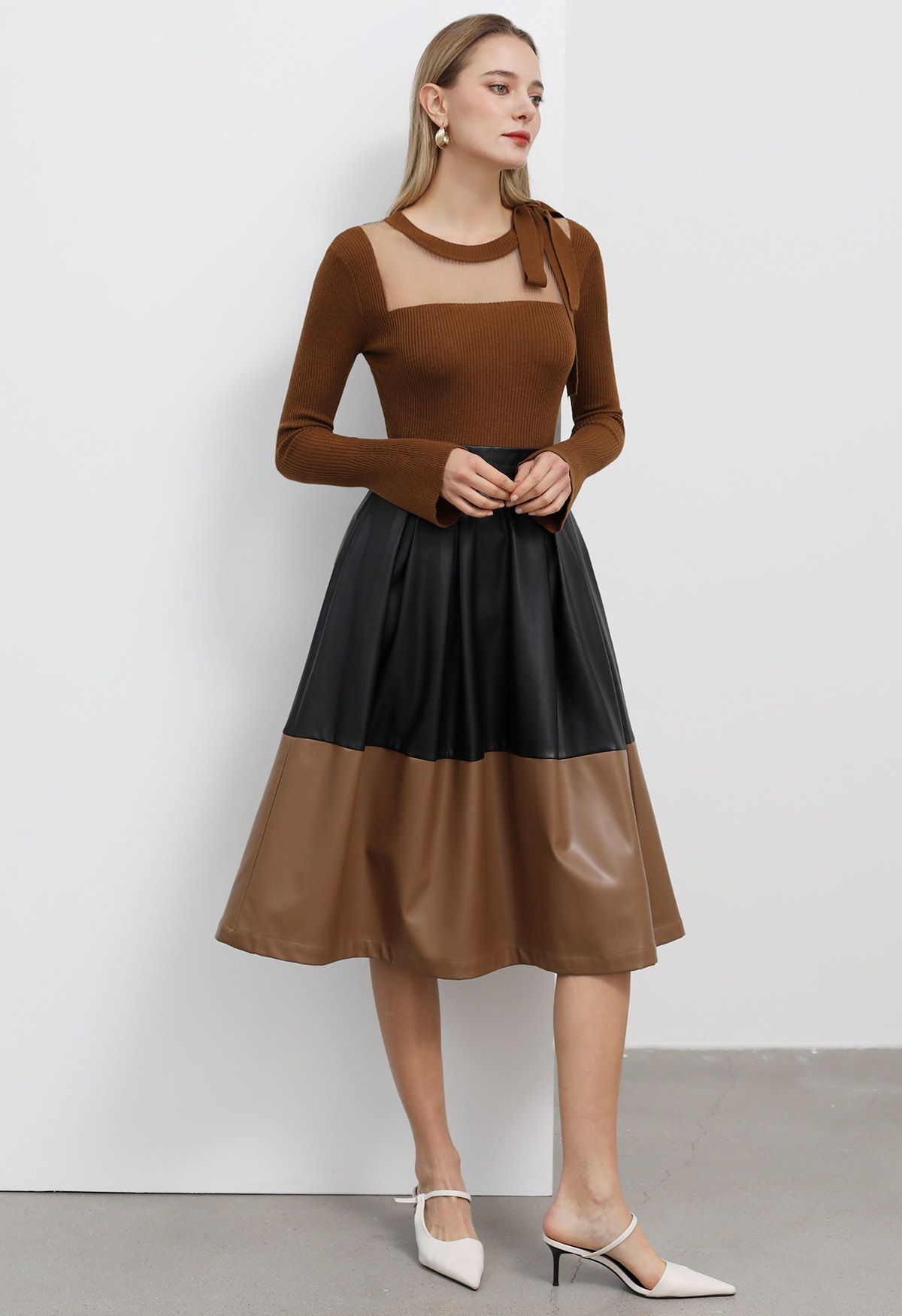 Color Block Faux Leather Pleated Midi Skirt