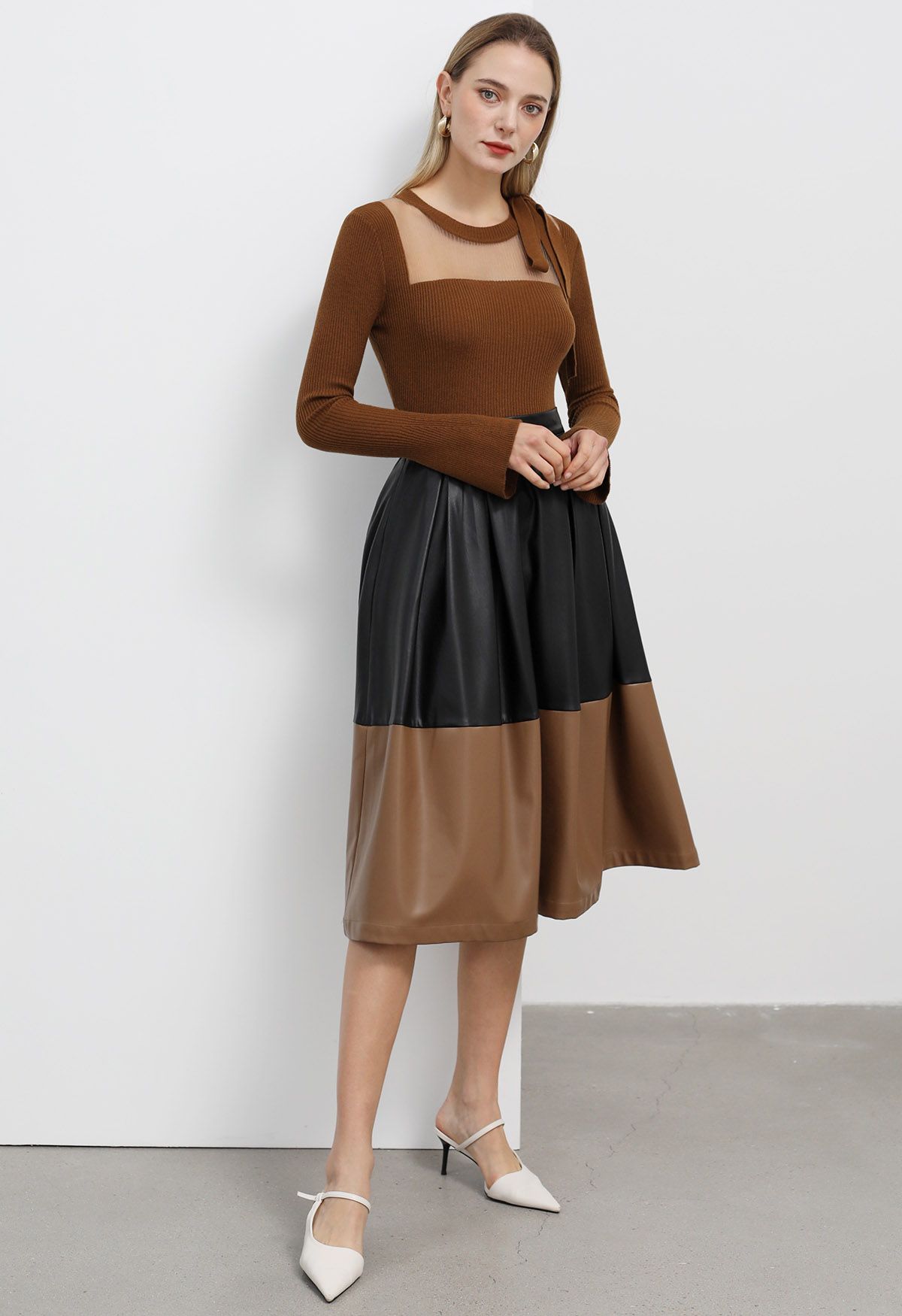 Color Block Faux Leather Pleated Midi Skirt