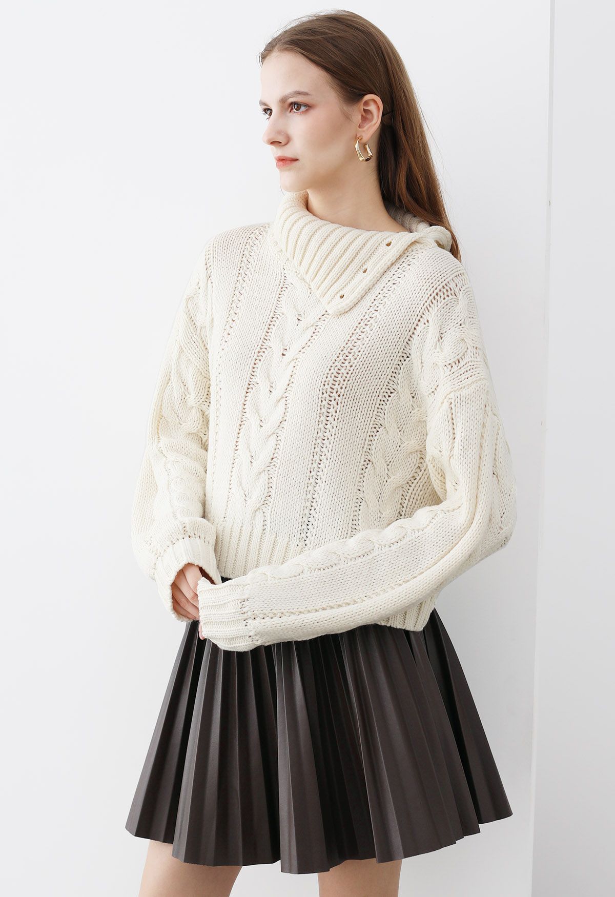 Side Button Cowl Neck Cable Knit Sweater in White