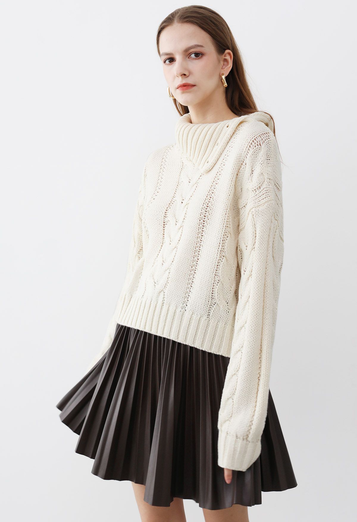 Side Button Cowl Neck Cable Knit Sweater in White
