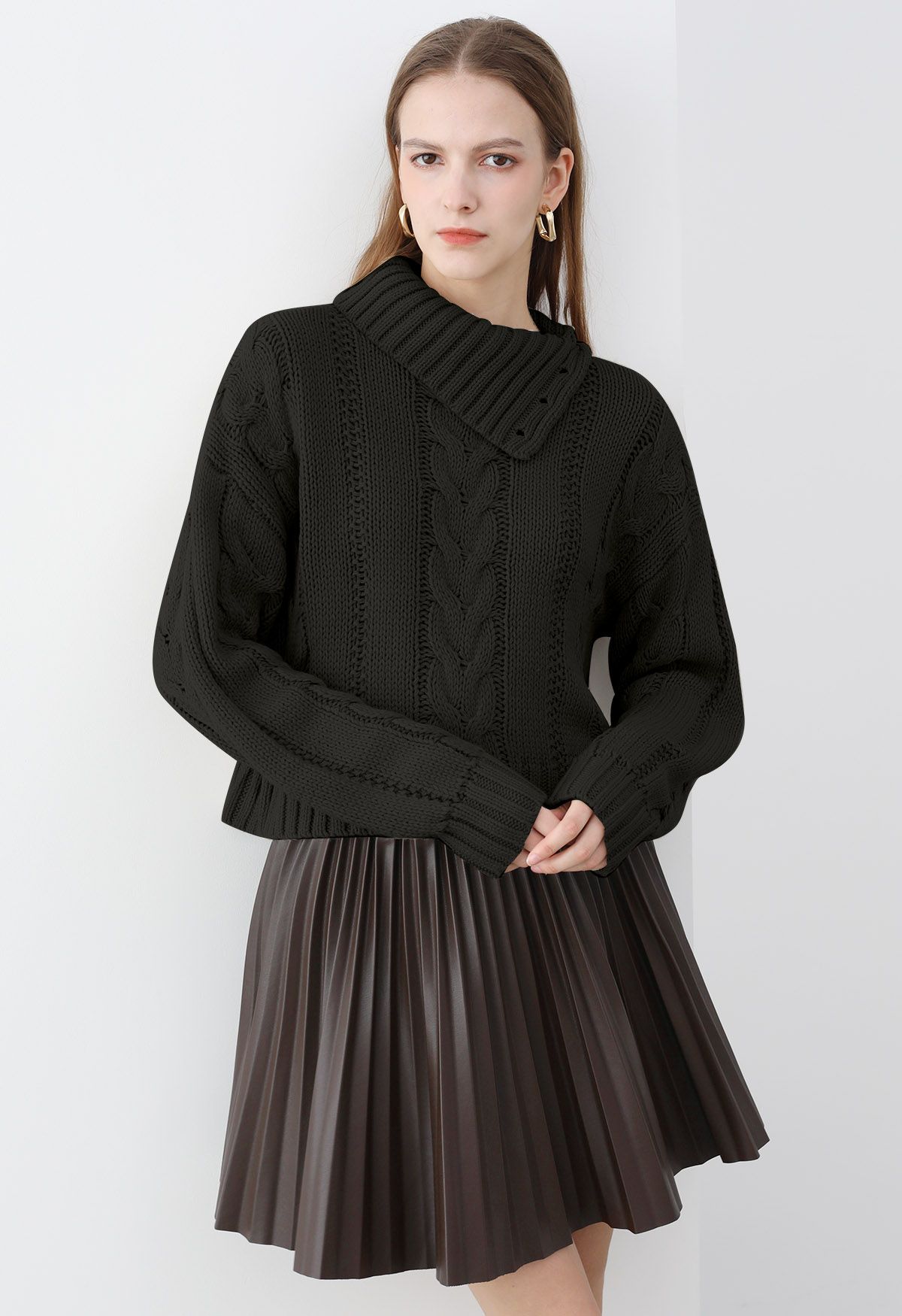 Side Button Cowl Neck Cable Knit Sweater in Black