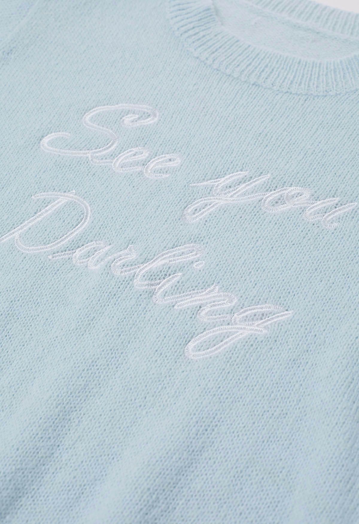 See You Darling Embroidery Knit Top in Baby Blue