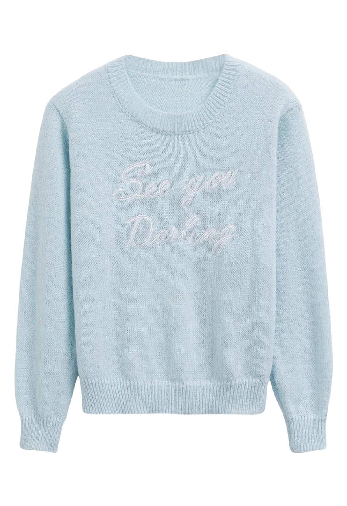 See You Darling Embroidery Knit Top in Baby Blue