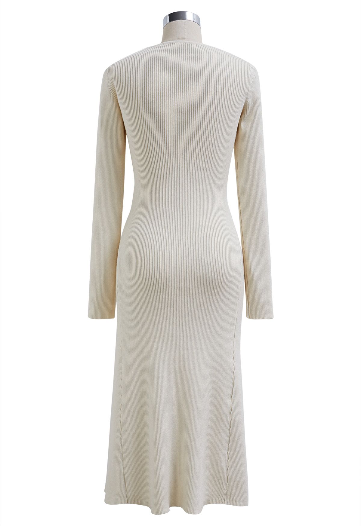 Asymmetric Cutout Neckline Rib Knit Midi Dress in Ivory