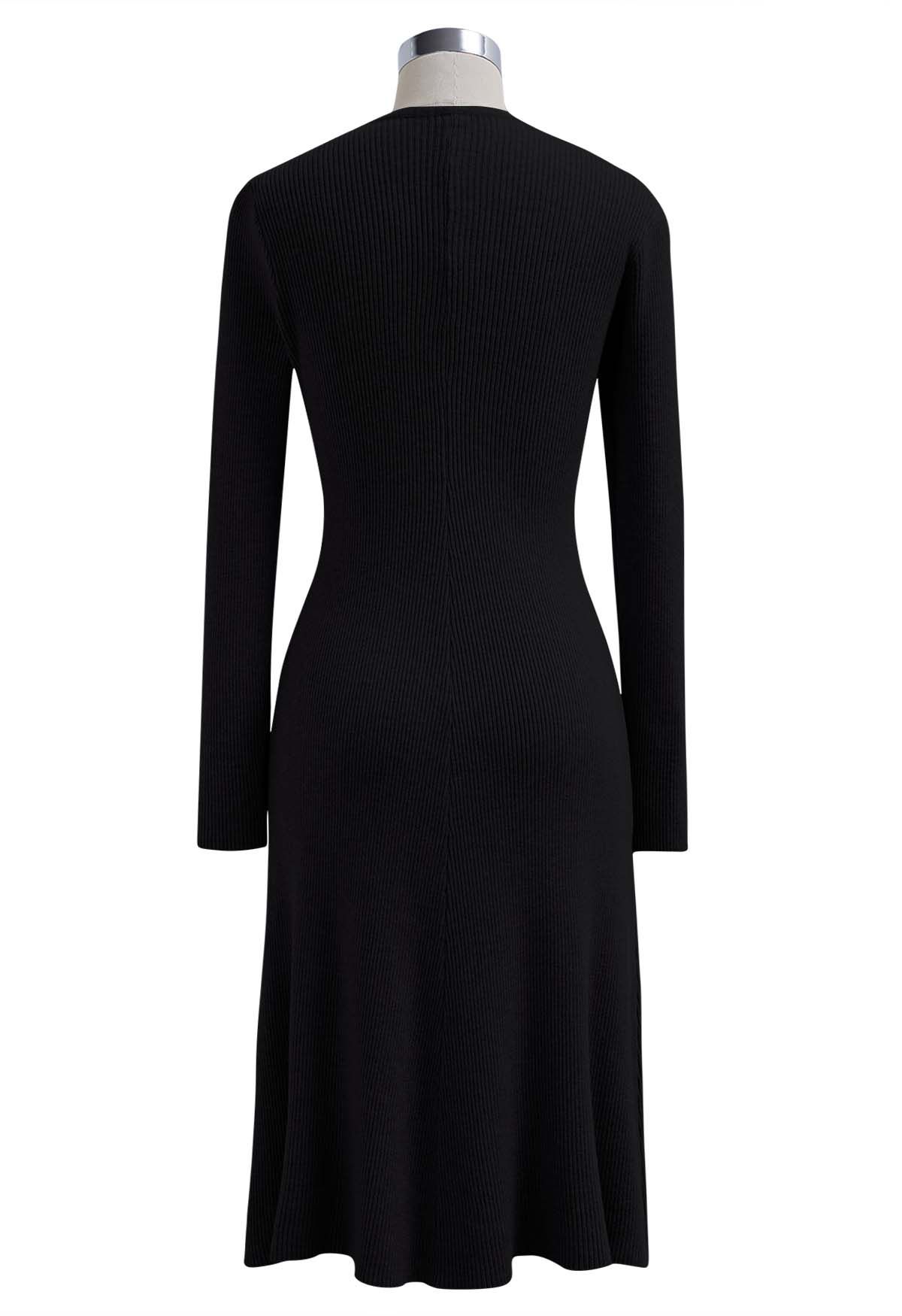 Cross Waist Detail FauxWrap Knit Dress in Black Retro, Indie and