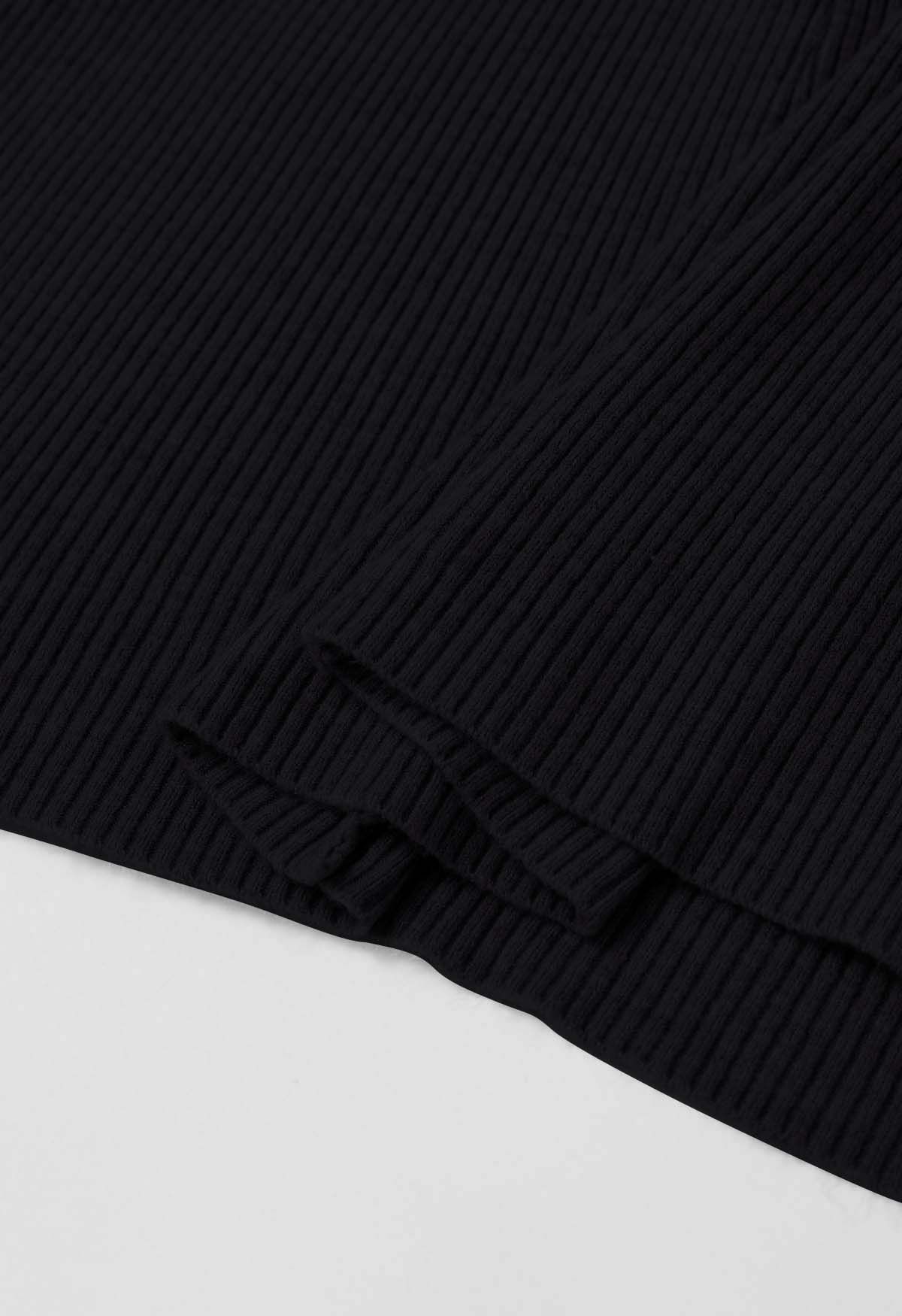 Cross Waist Detail Faux-Wrap Knit Dress in Black