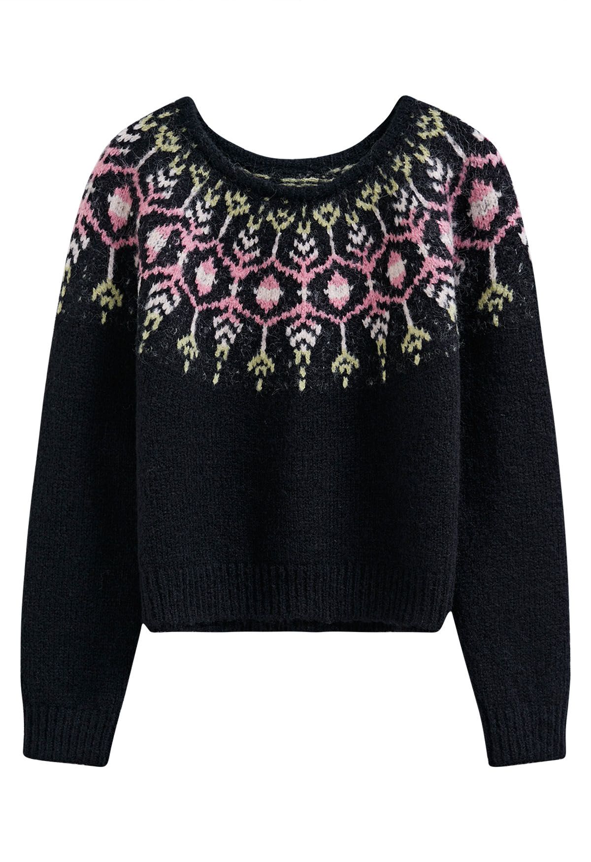 Newleaf Pattern Fuzzy Knit Sweater in Black