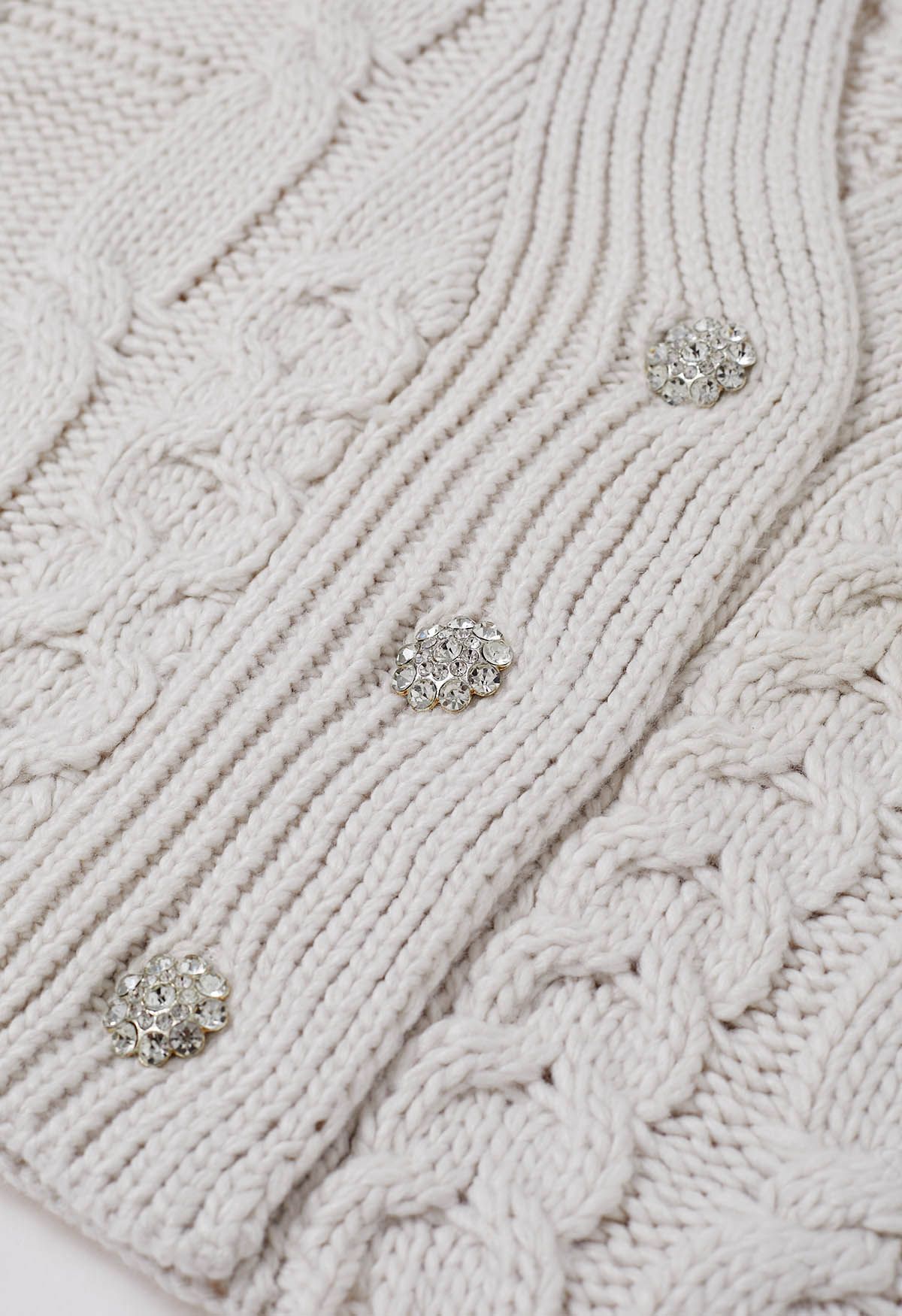 Rhinestone Button Cable Knit Crop Cardigan