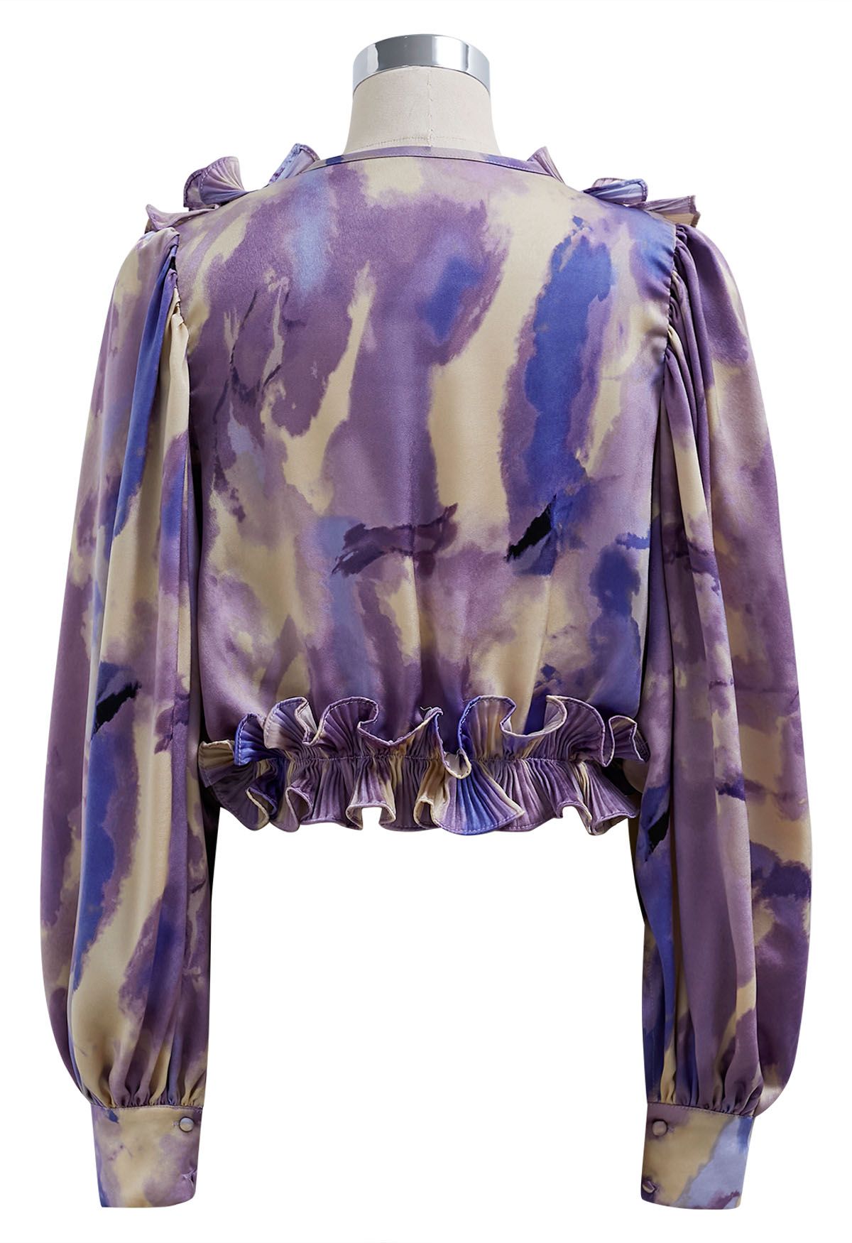 Fluttering Ruffle Tie-Dye Satin Crop Top in Purple