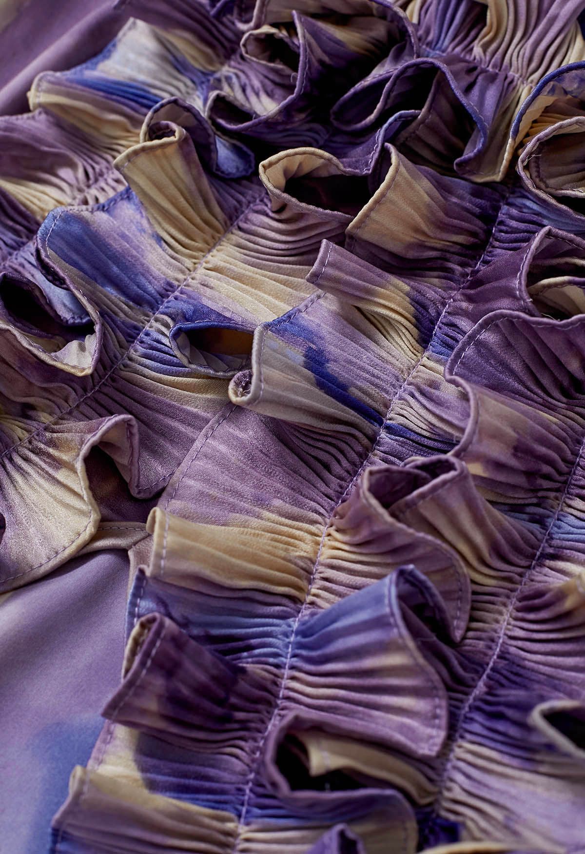 Fluttering Ruffle Tie-Dye Satin Crop Top in Purple - Retro, Indie and ...