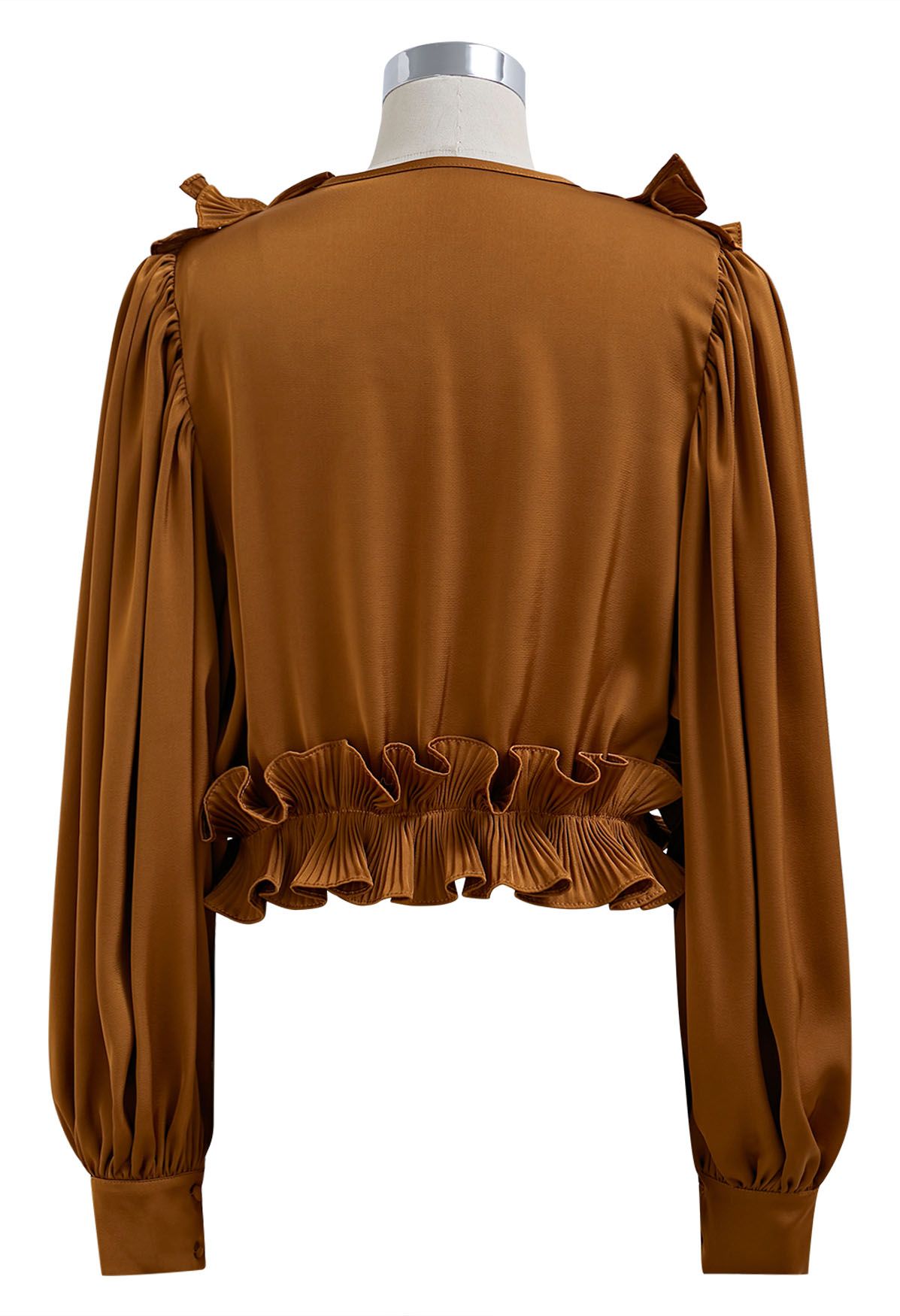 Fluttering Ruffle Satin Crop Top in Caramel