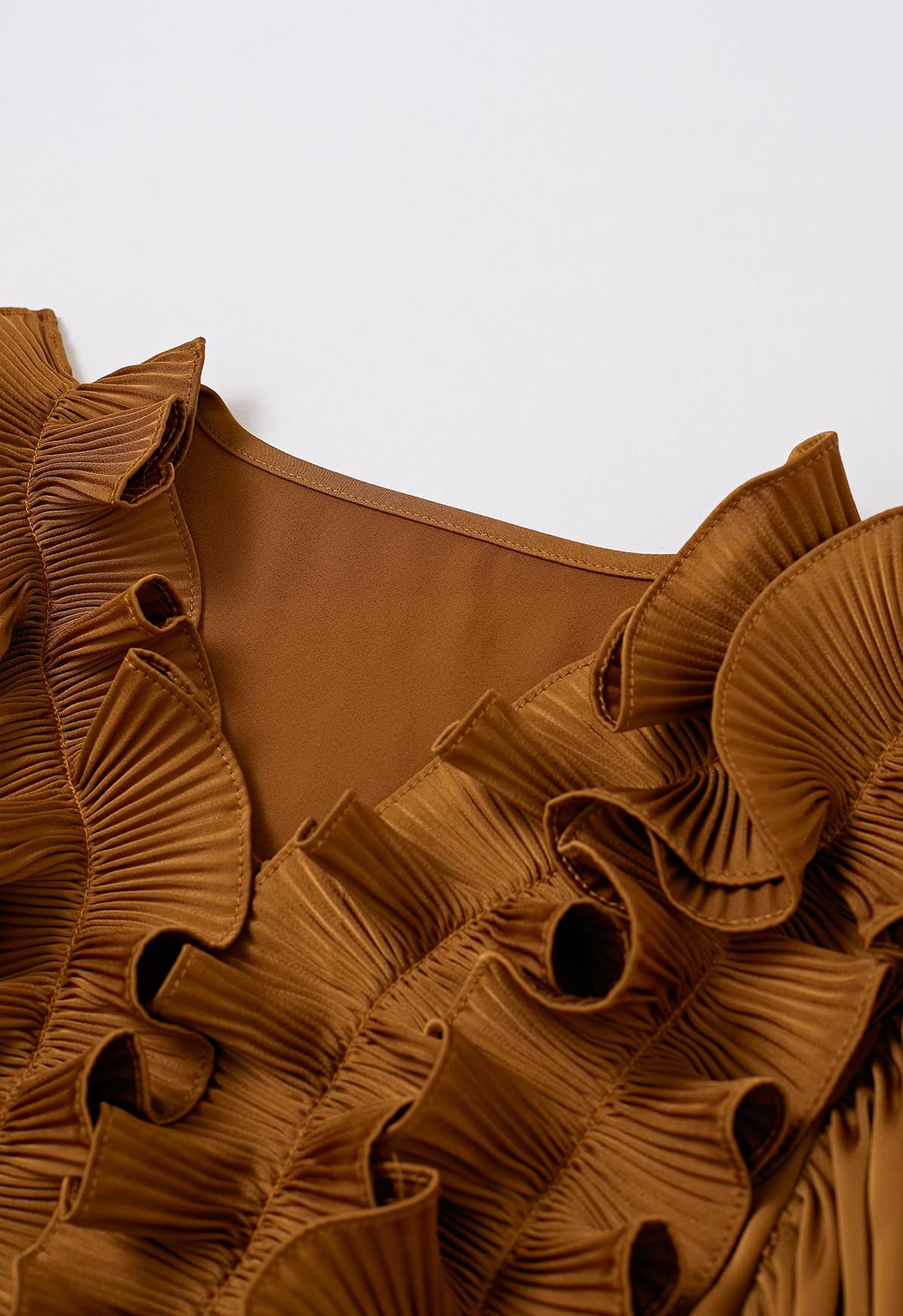 Fluttering Ruffle Satin Crop Top in Caramel