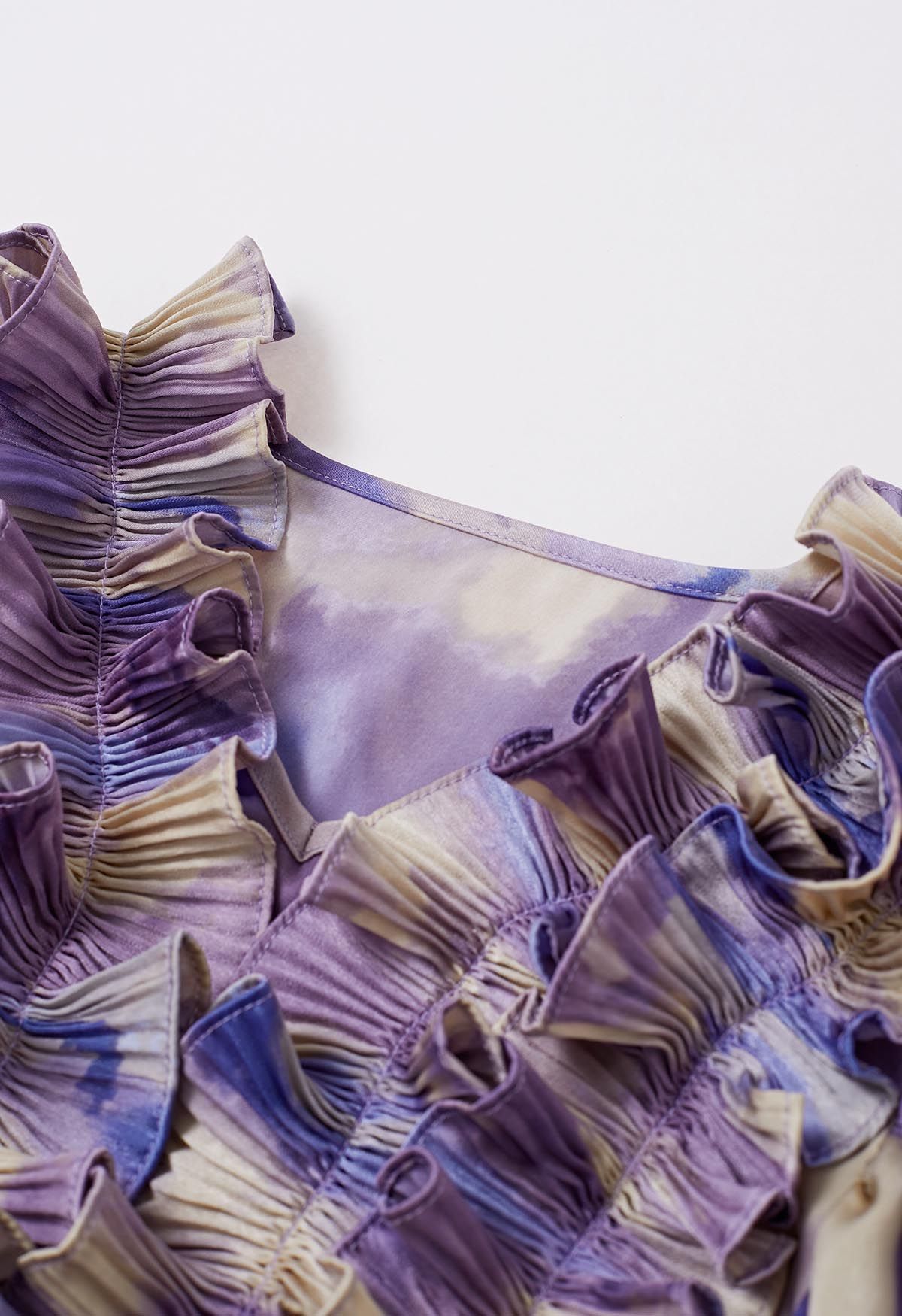 Fluttering Ruffle Tie-Dye Satin Crop Top in Purple