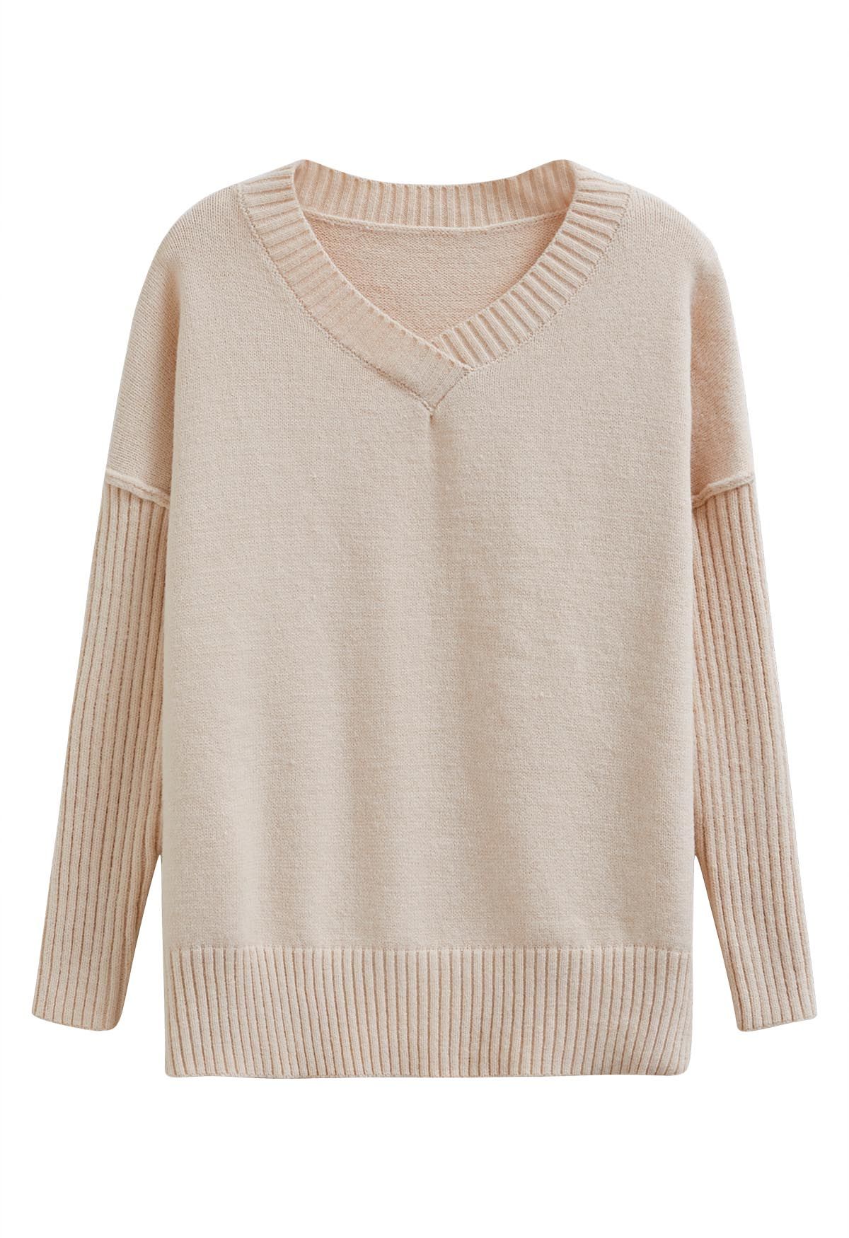 Dropped Shoulder Side Slit Slouchy Knit Sweater in Cream