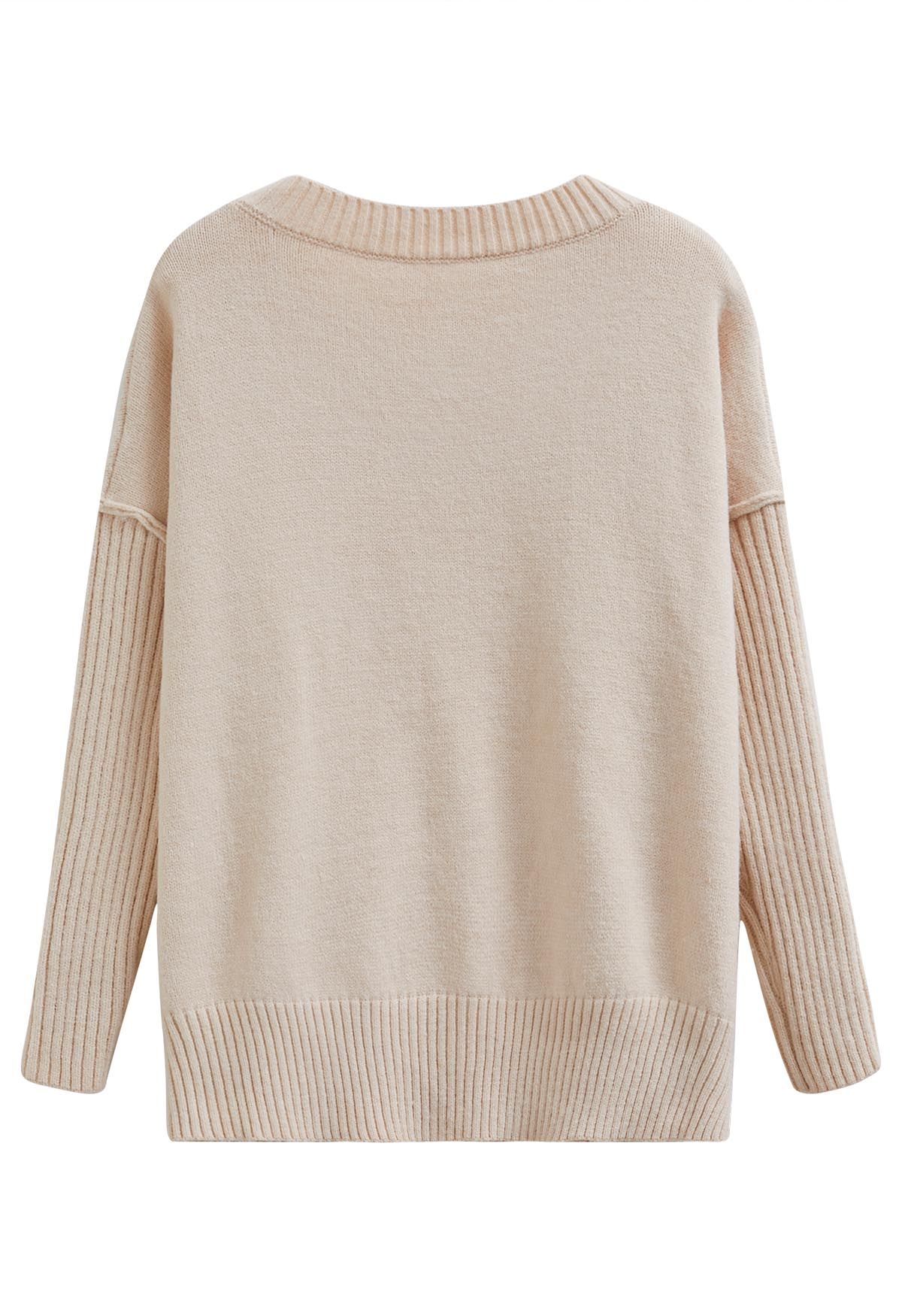 Dropped Shoulder Side Slit Slouchy Knit Sweater in Cream