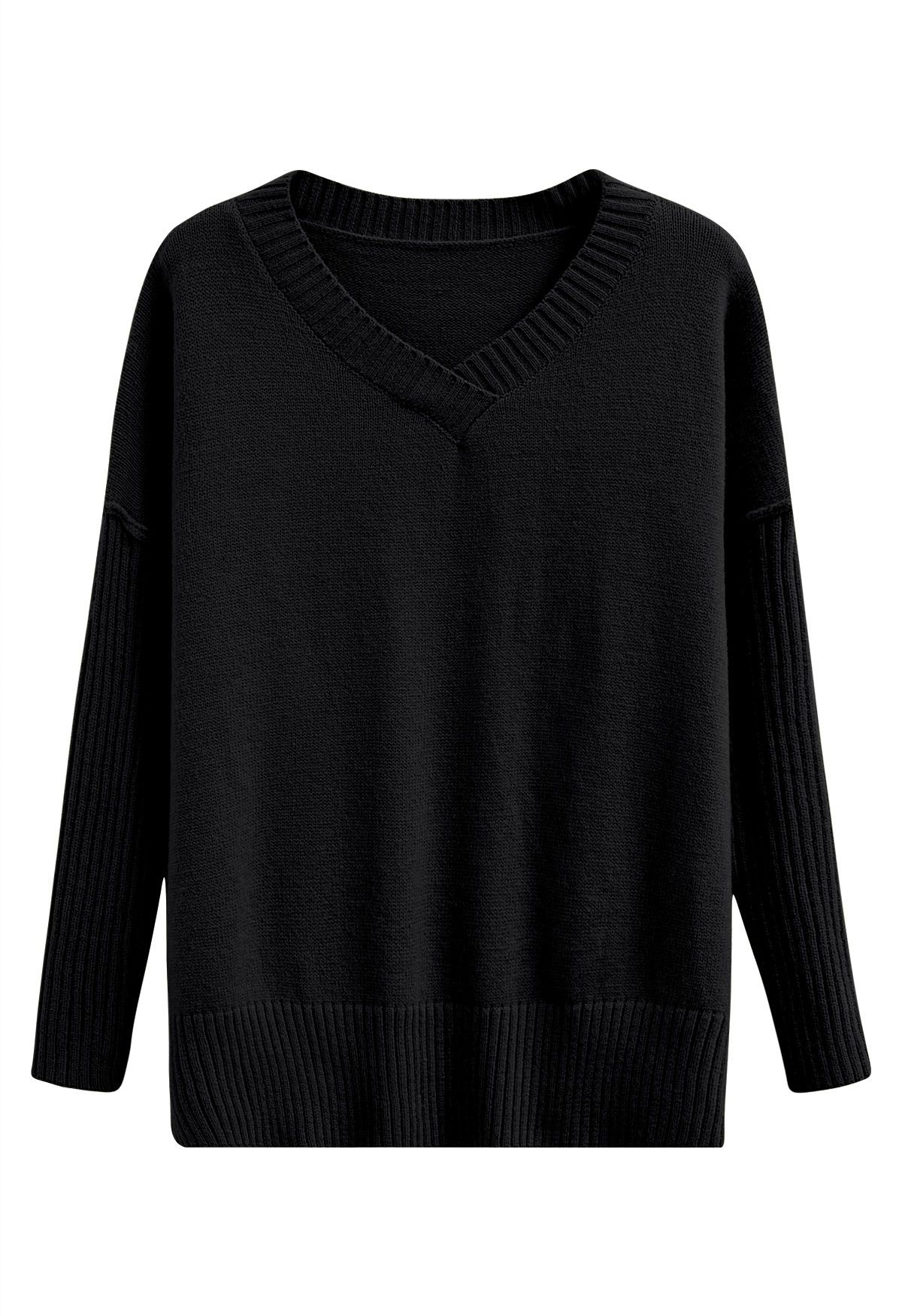 Dropped Shoulder Side Slit Slouchy Knit Sweater in Black