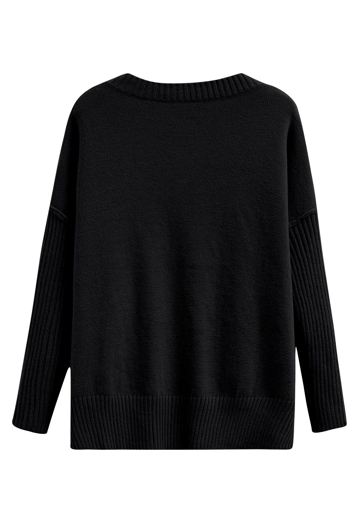 Dropped Shoulder Side Slit Slouchy Knit Sweater in Black