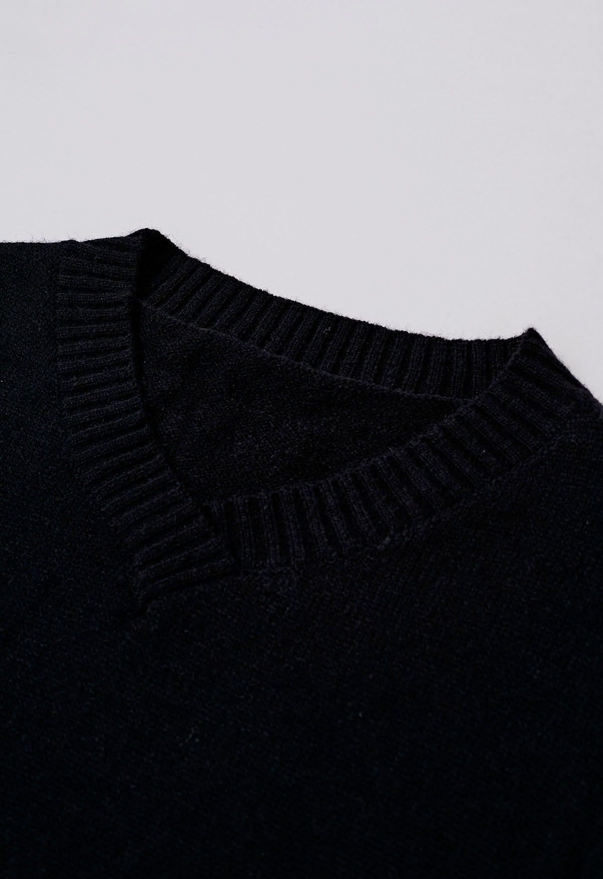 Dropped Shoulder Side Slit Slouchy Knit Sweater in Black