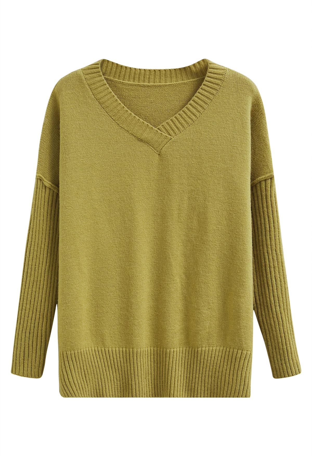 Dropped Shoulder Side Slit Slouchy Knit Sweater in Lime