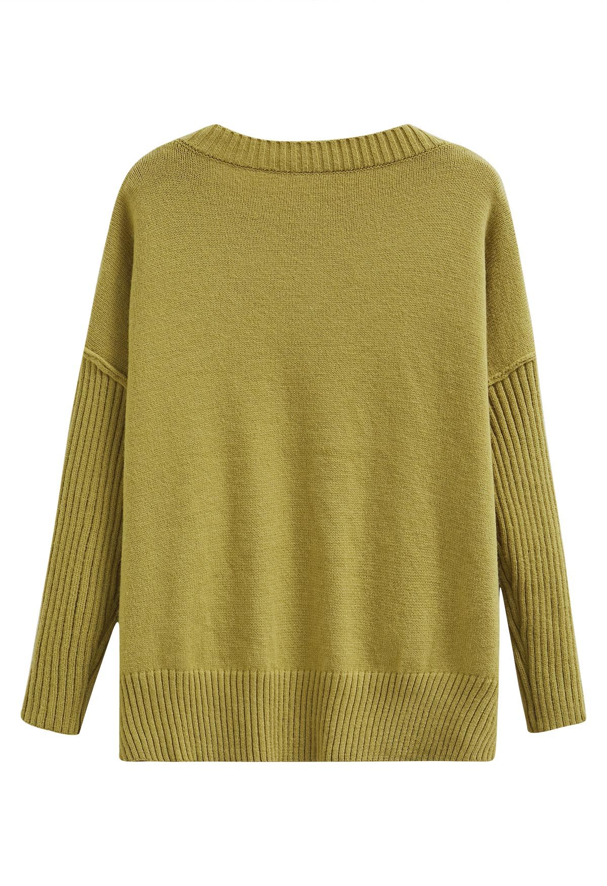 Dropped Shoulder Side Slit Slouchy Knit Sweater in Lime