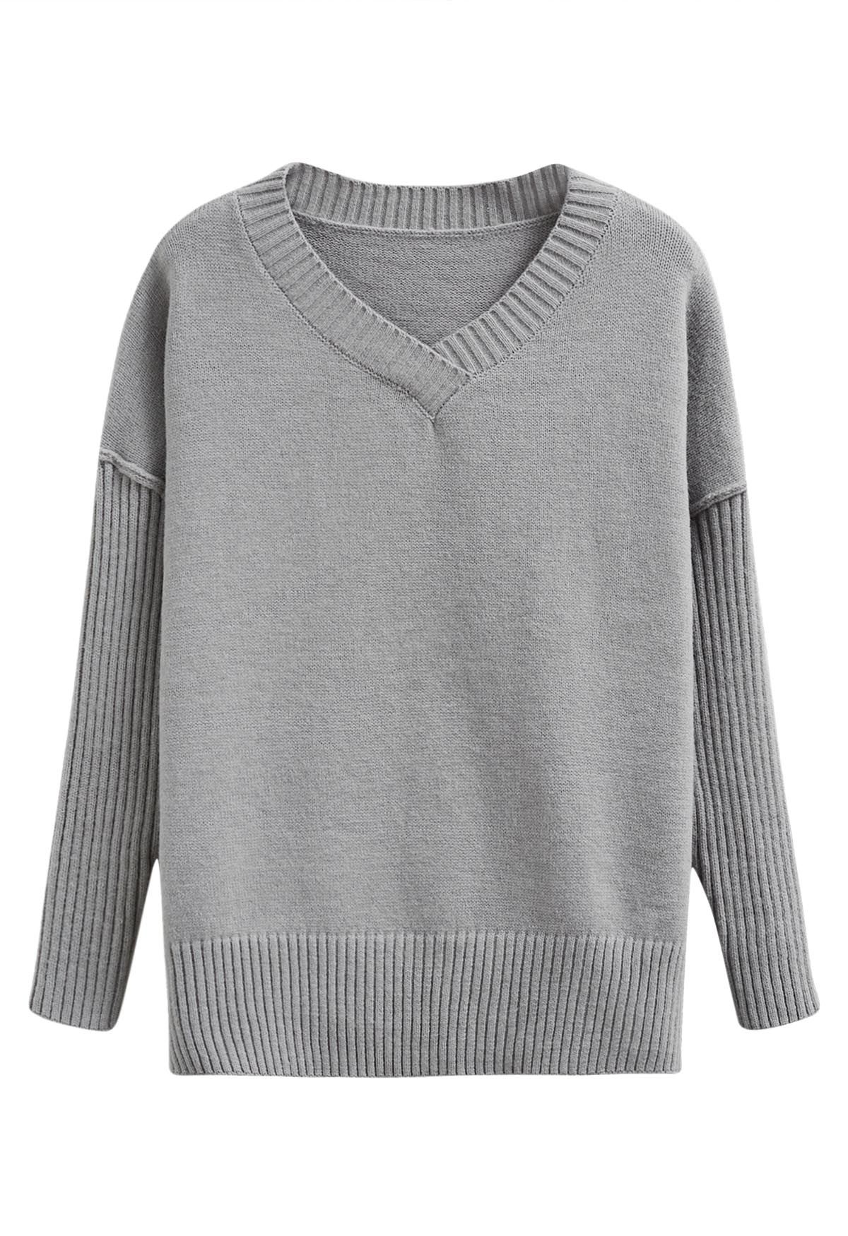 Dropped Shoulder Side Slit Slouchy Knit Sweater in Grey