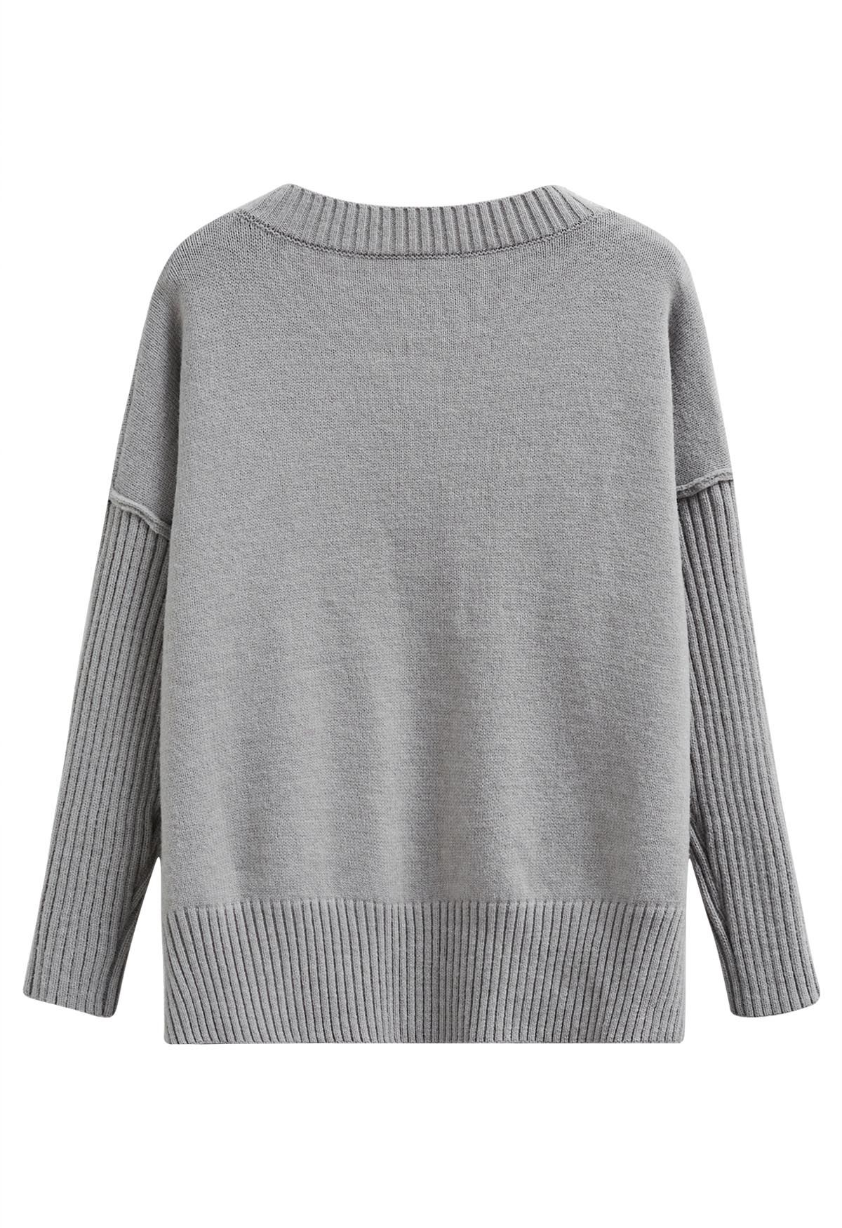Dropped Shoulder Side Slit Slouchy Knit Sweater in Grey - Retro, Indie ...