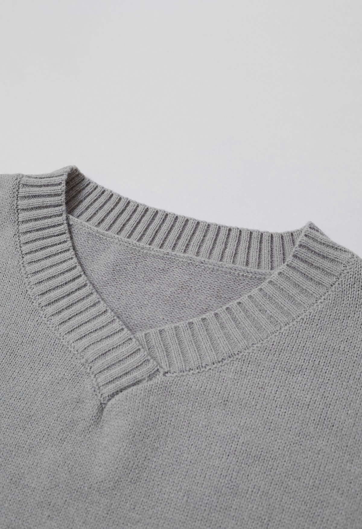 Dropped Shoulder Side Slit Slouchy Knit Sweater in Grey